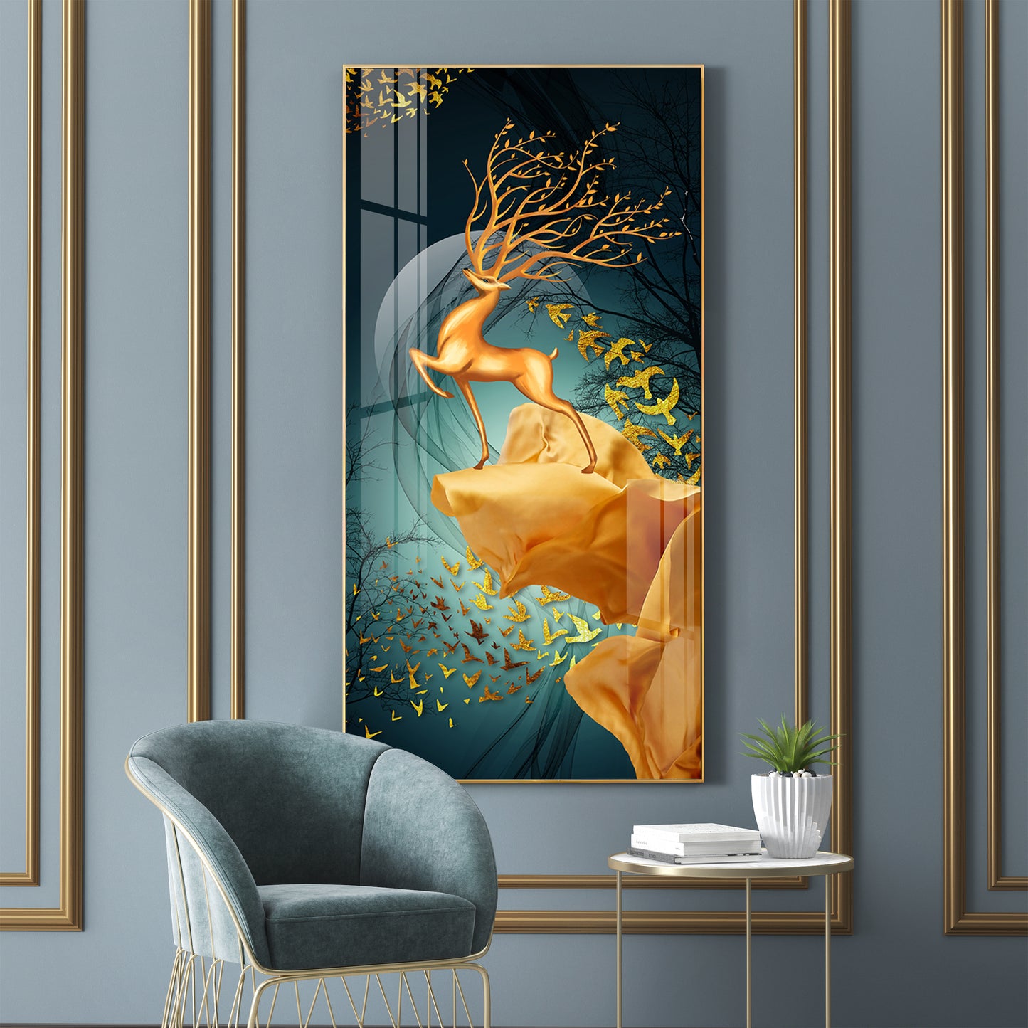 Golden Deer Jumping Glass Finish Vertical Wall Art