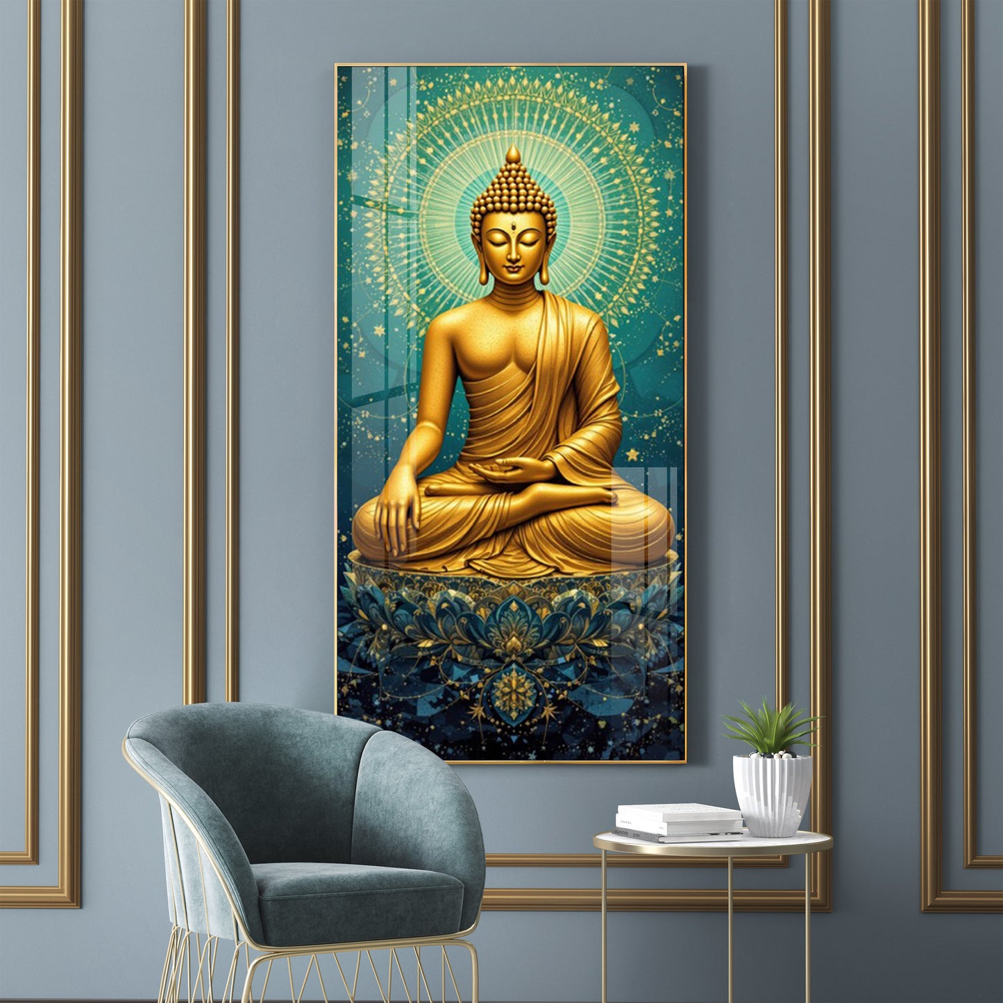 Golden Buddha's Energetic Wisdom Glass Finish Vertical Wall Art