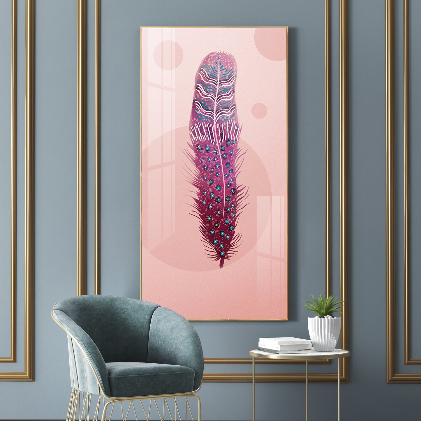 Pink Plume Glass Finish Vertical Wall Art