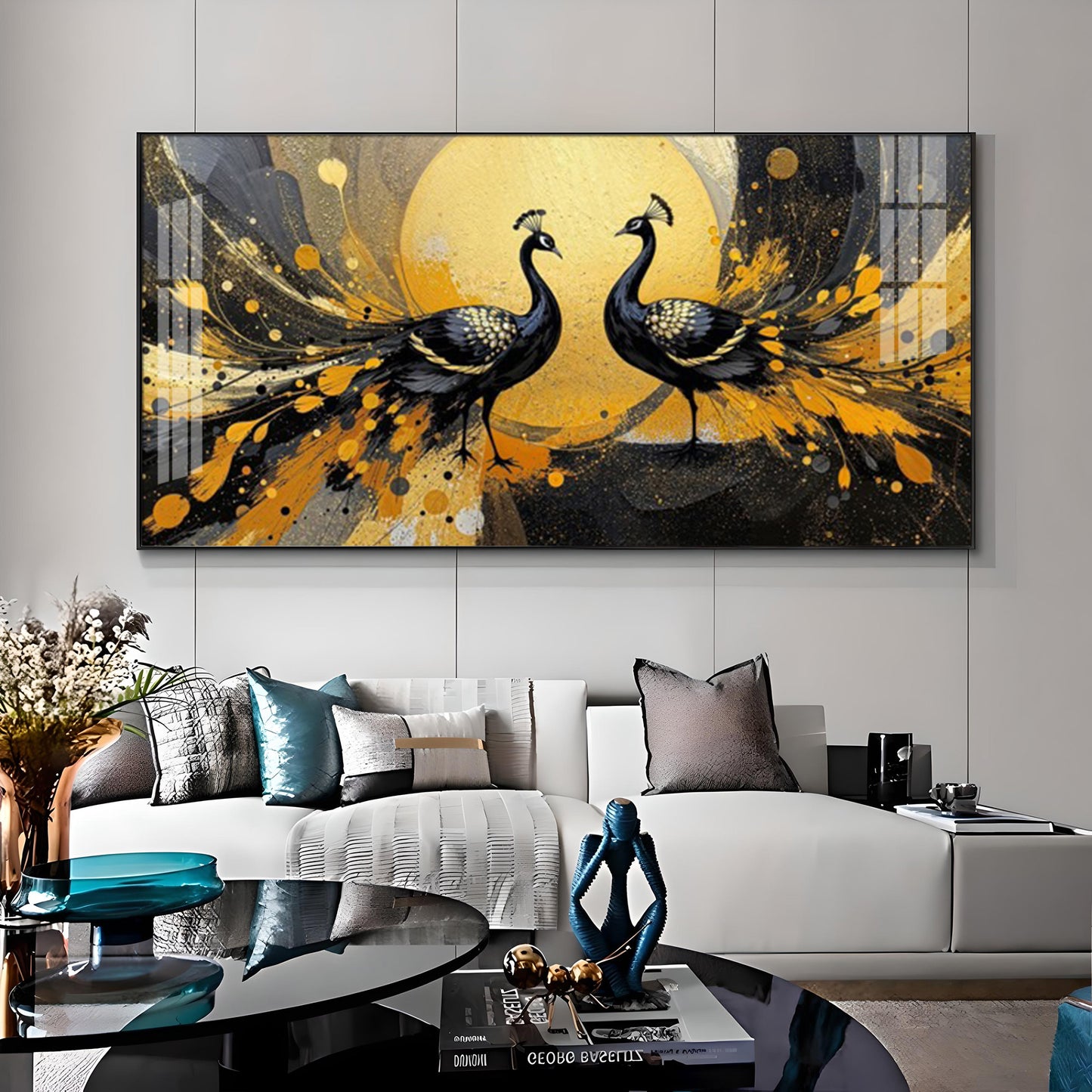Abstract Two Peacock Looking Each Other Glass Finish Horizontal Wall Art