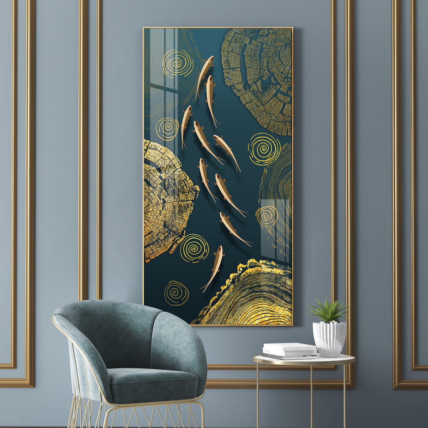 Green Koi Fishes Glass Finish Vertical Wall Art