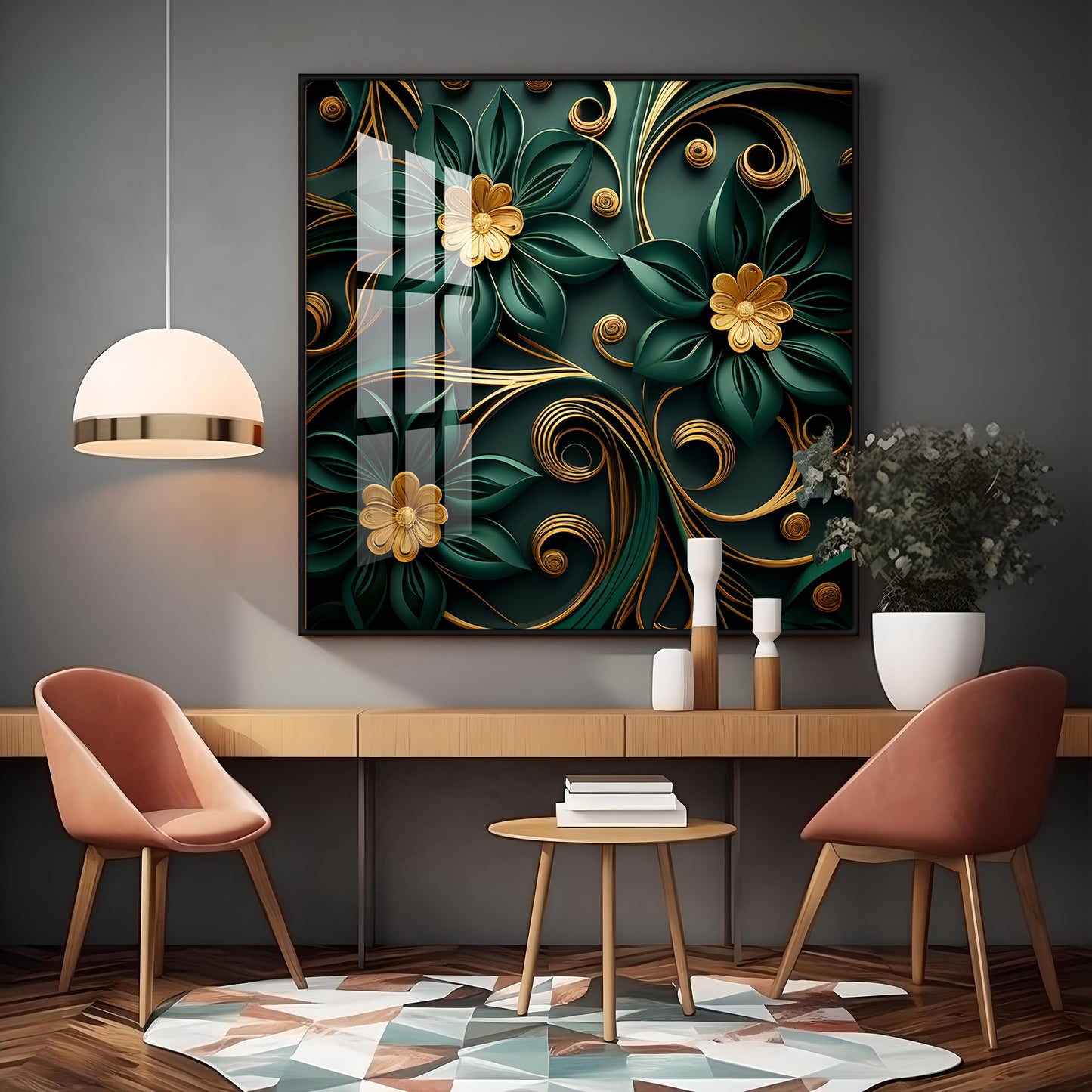 Emerald Garden Flower Glass Finish Square Wall Art