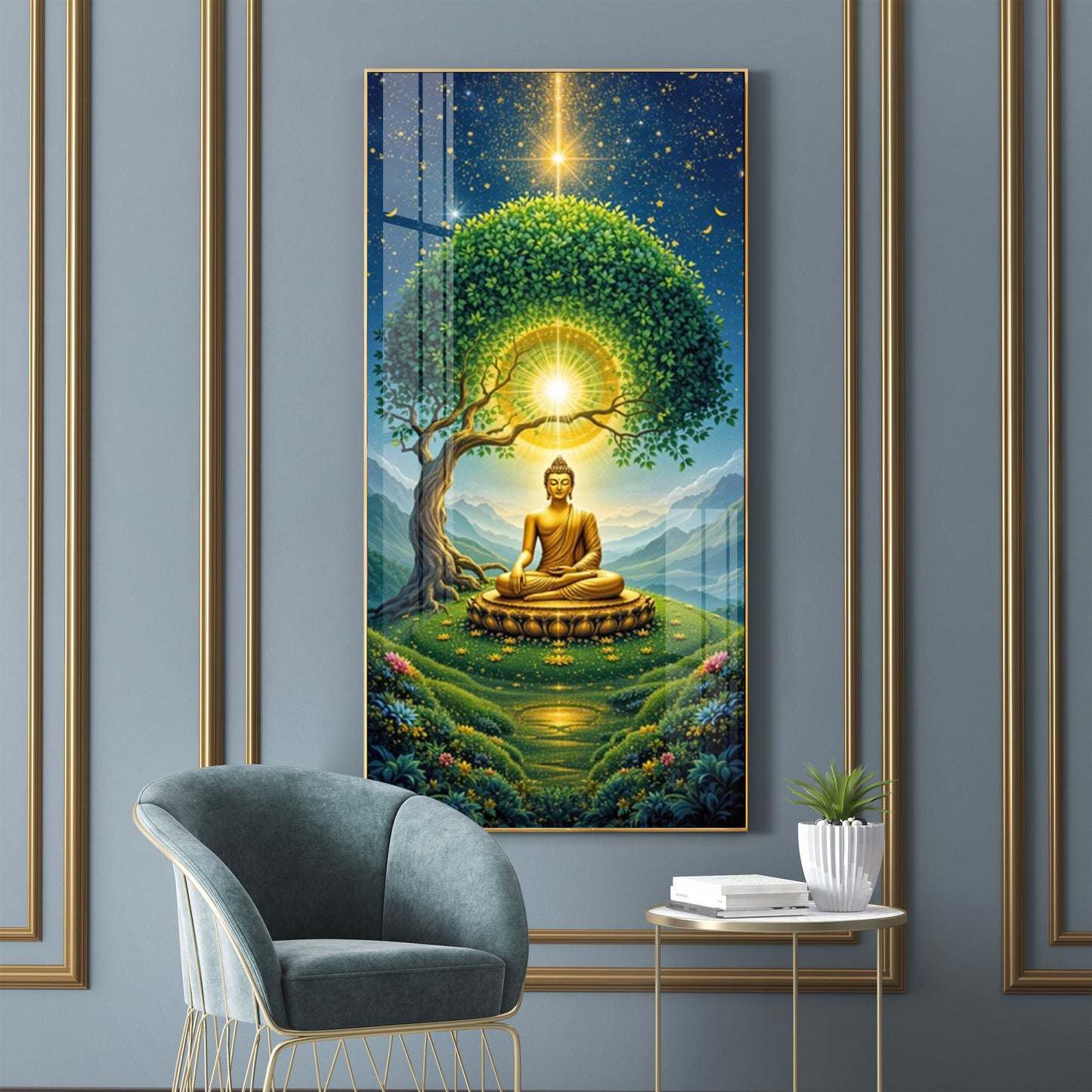Meditating Buddha In Nature Glass Finish Vertical Wall Art