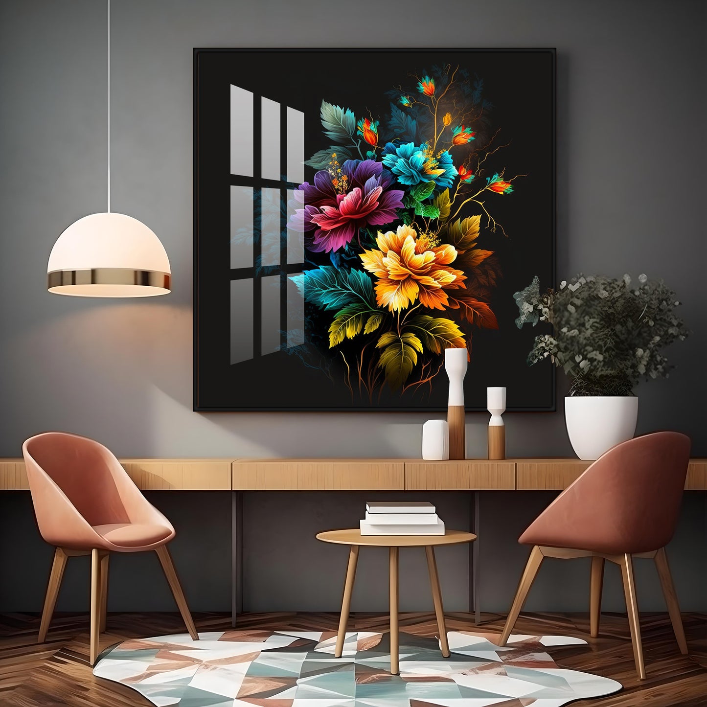 Dark Floral Symphony Glass Finish Square Wall Art