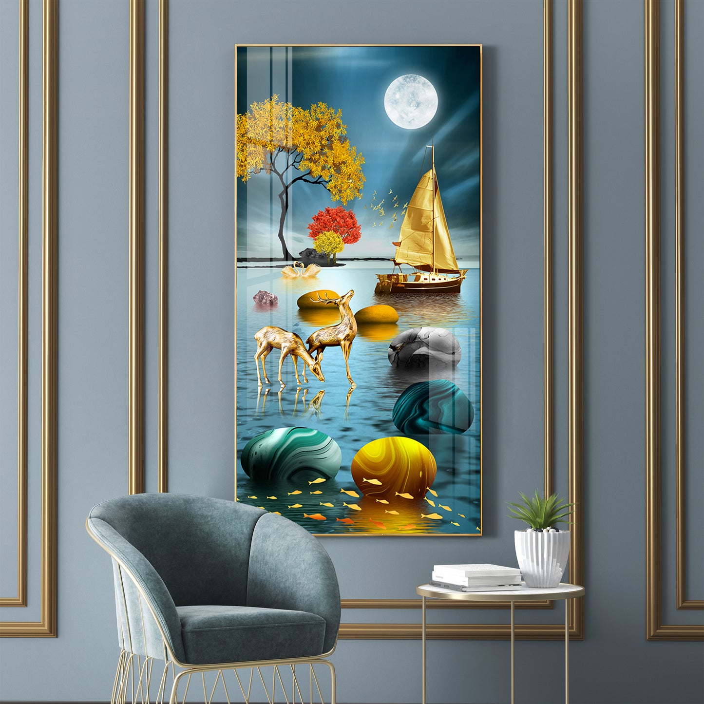 Boat and Deer Glass Finish Vertical Wall Art