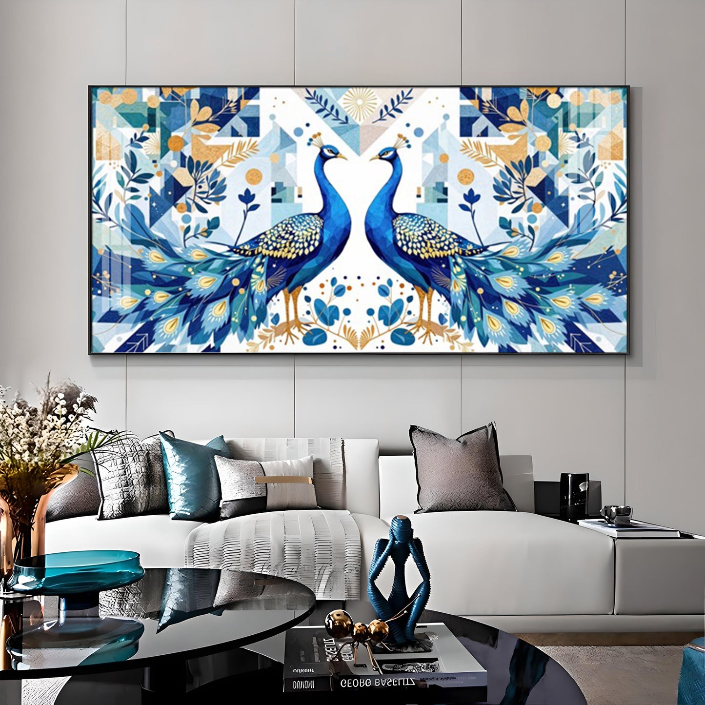 Two Peacock Looking Each Other Glass Finish Horizontal Wall Art