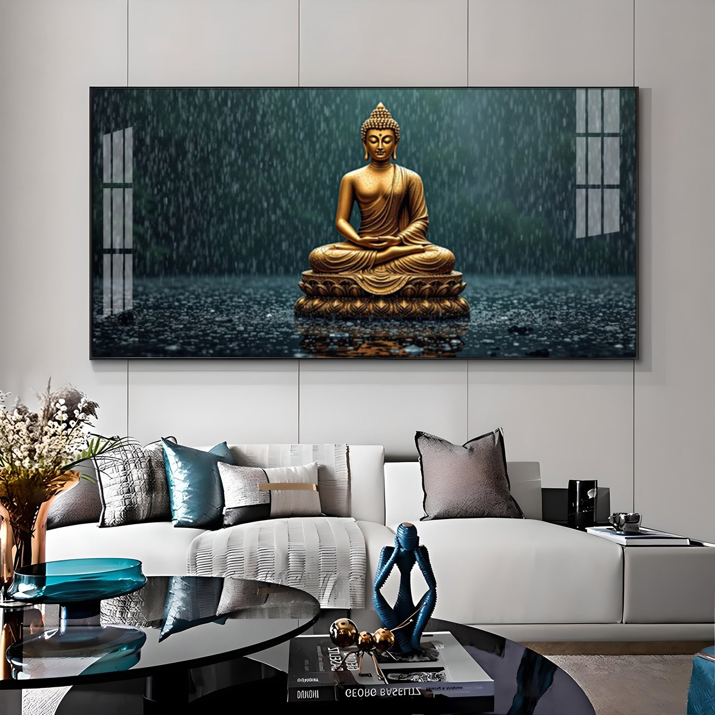 Golden Calm Budha Glass Finish Horizontal Wall Art