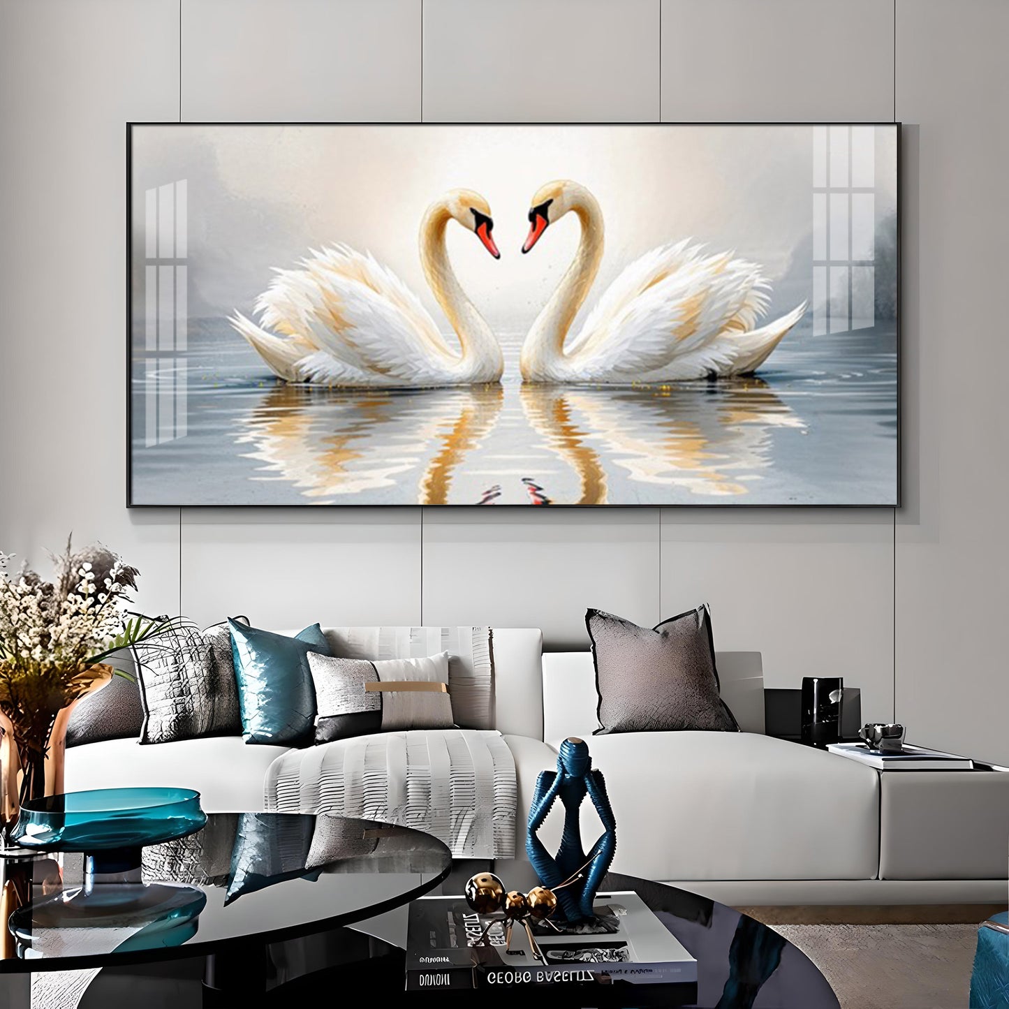 Two White Swan Glass Finish Horizontal Wall Art