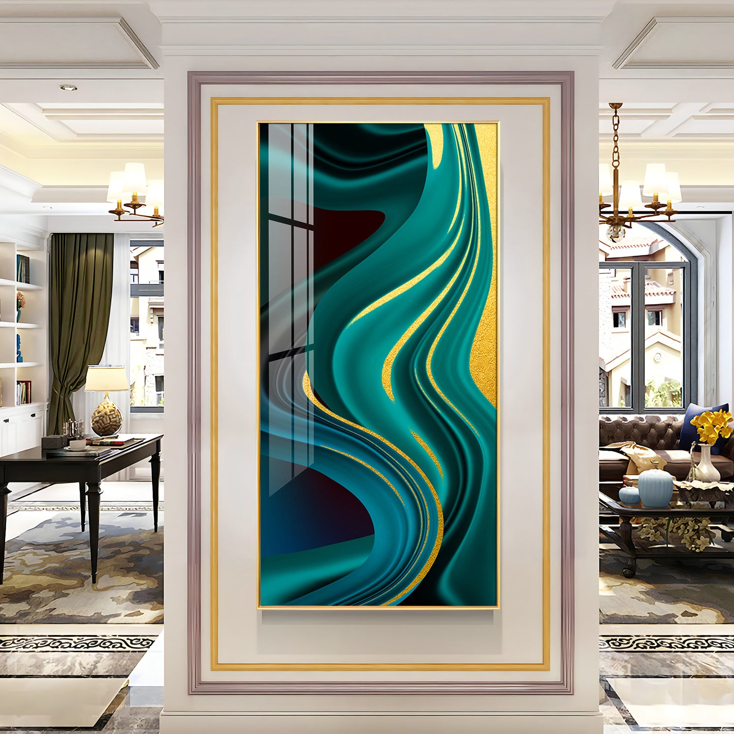 Green Abstract Art Glass Finish Vertical Wall Art