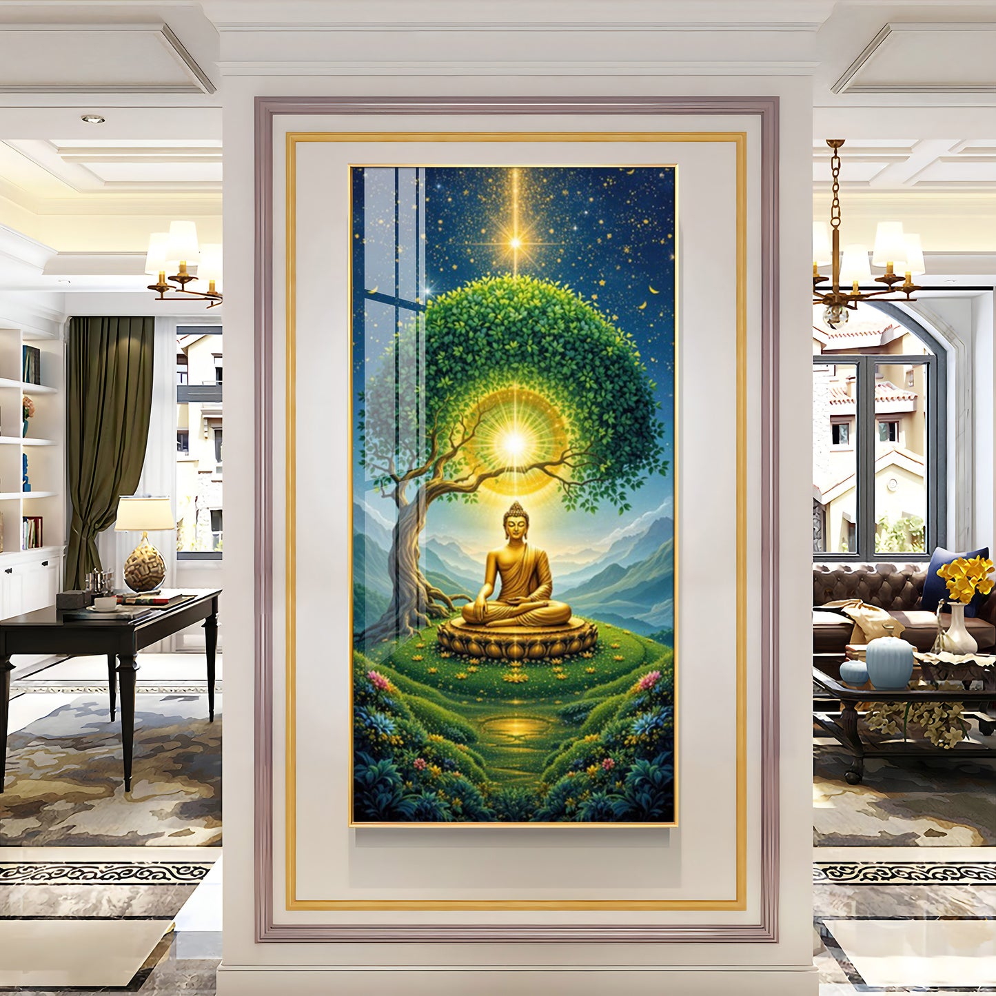 Meditating Buddha In Nature Glass Finish Vertical Wall Art