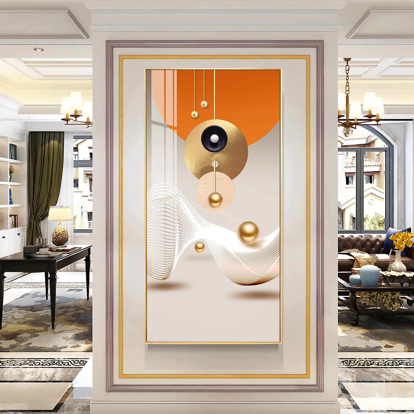 Golden Circle Geometry Glass Finish Vertical Wall Art