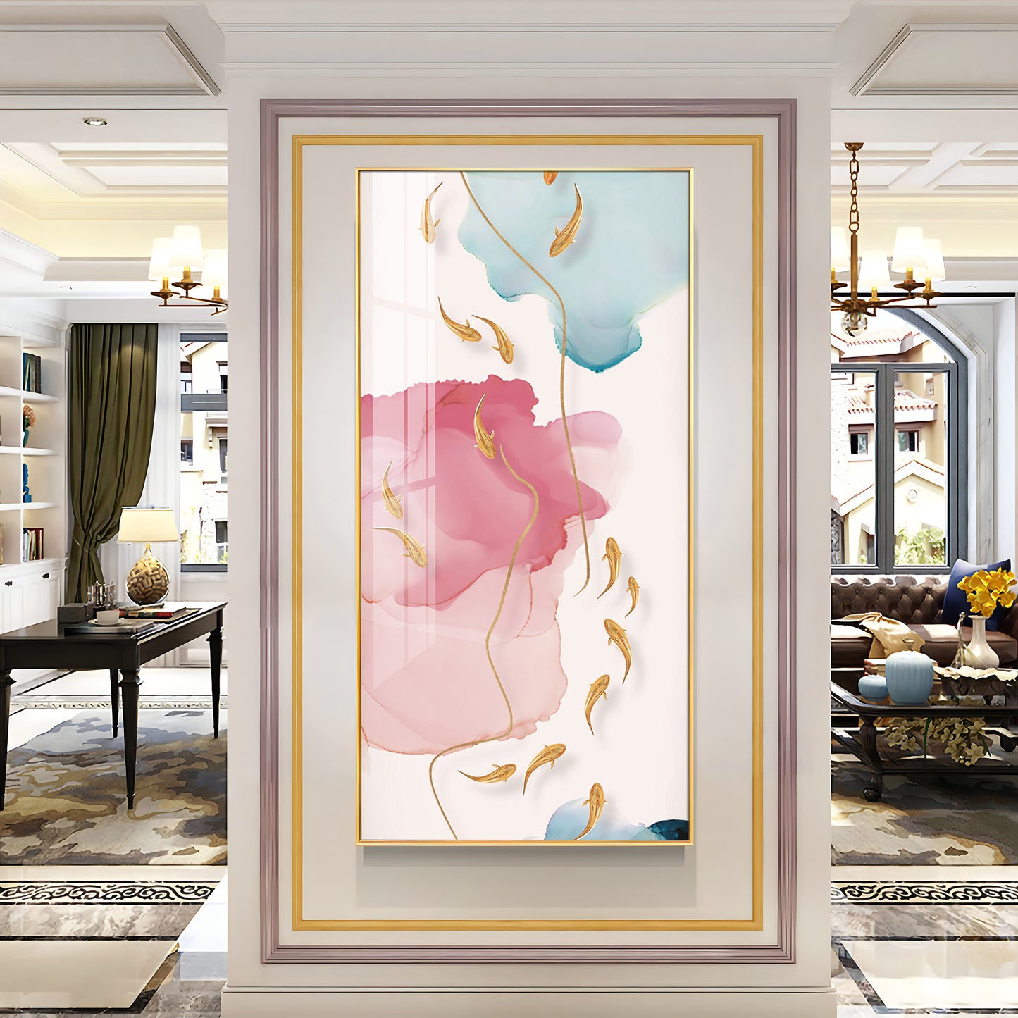 Pink and Blue Floral Glass Finish Vertical Wall Art