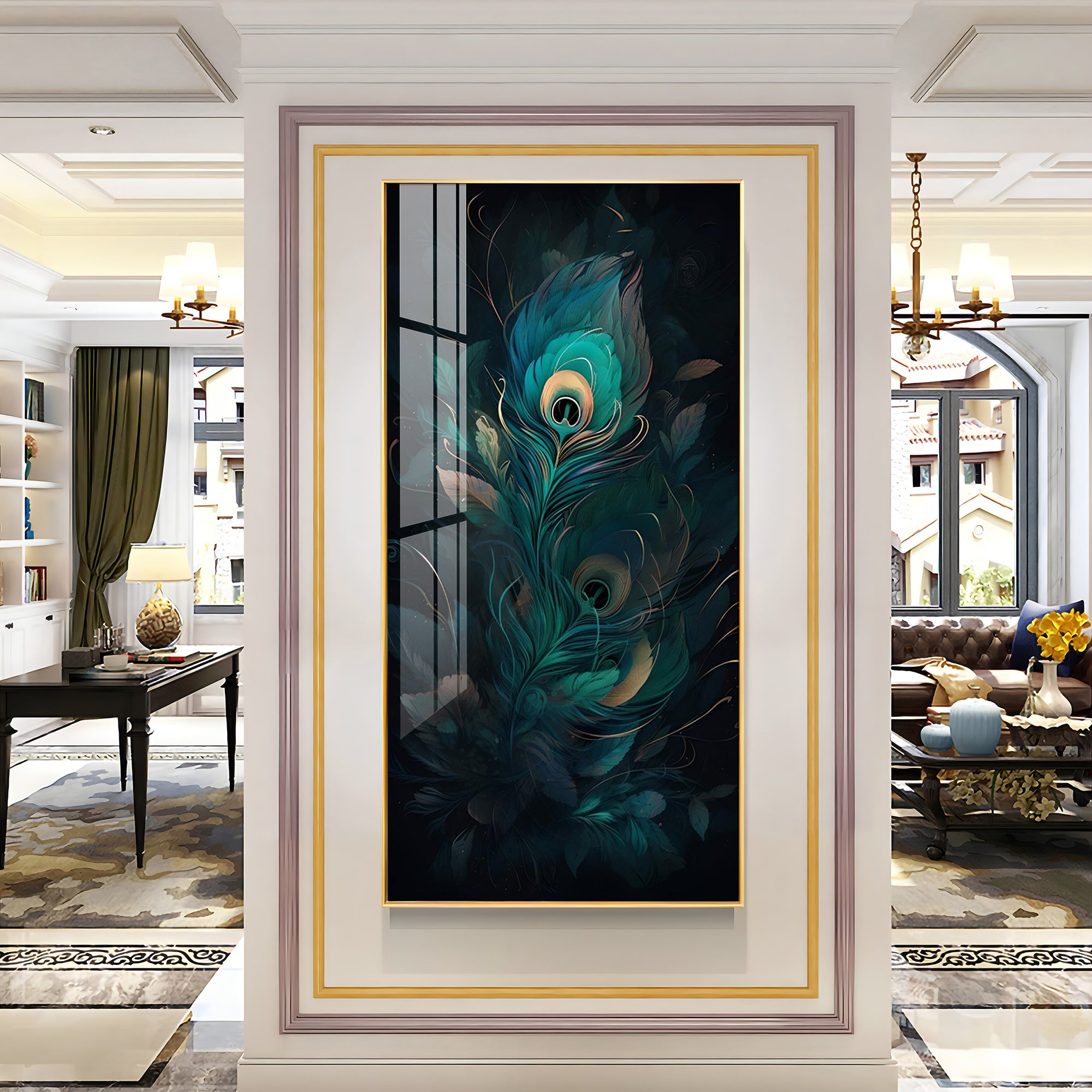 Peacock Feather Retreat Glass Finish Vertical Wall Art