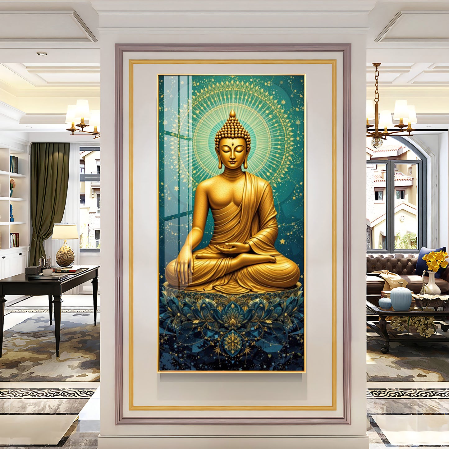 Golden Buddha's Energetic Wisdom Glass Finish Vertical Wall Art