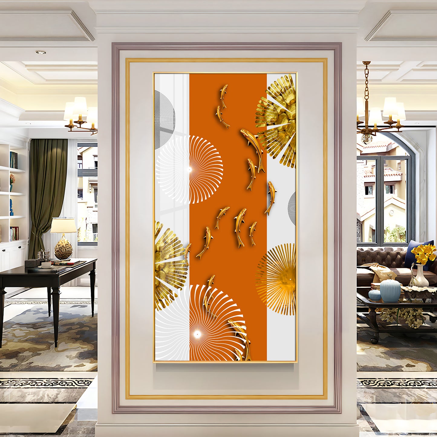 Orange And White Elegance Glass Finish Vertical Wall Art
