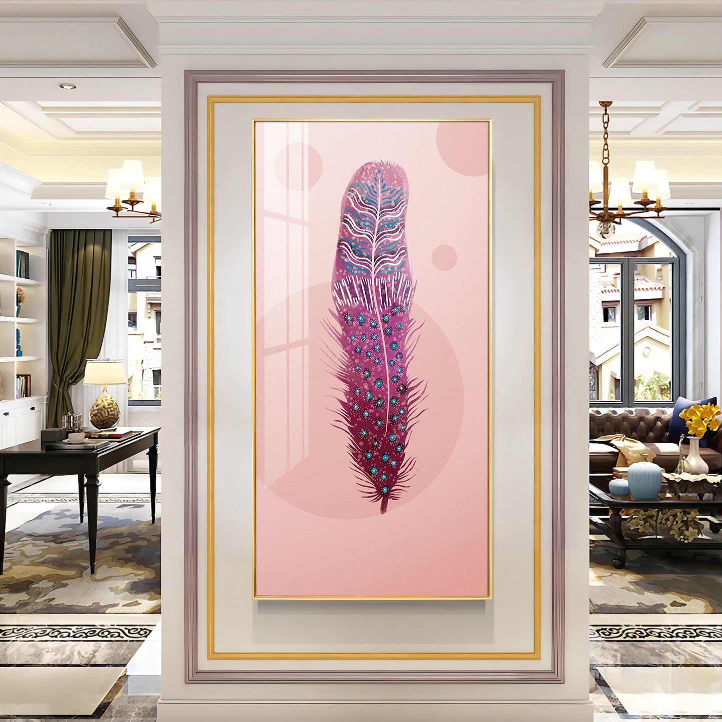 Pink Plume Glass Finish Vertical Wall Art
