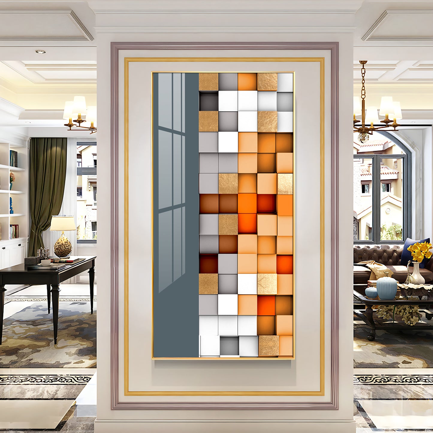 Multiple Abstract Blocks Glass Finish Vertical Wall Art