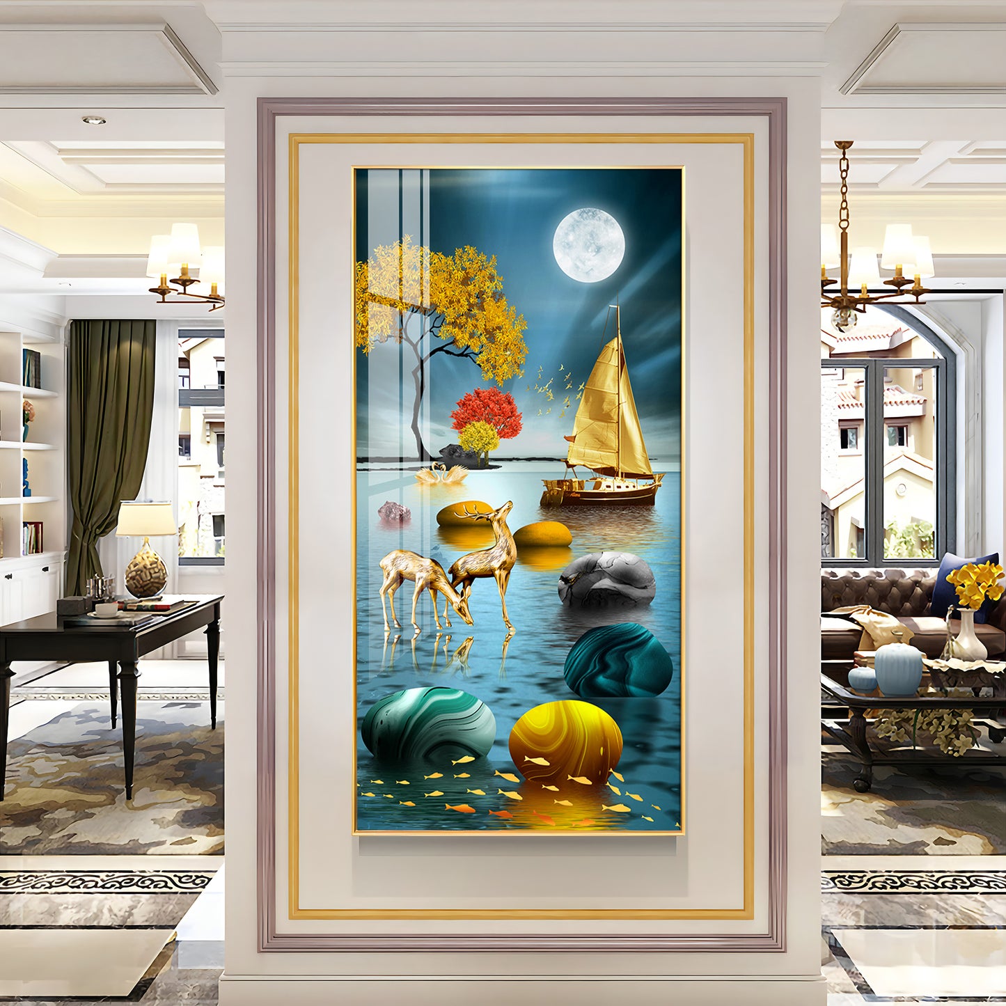 Boat and Deer Glass Finish Vertical Wall Art