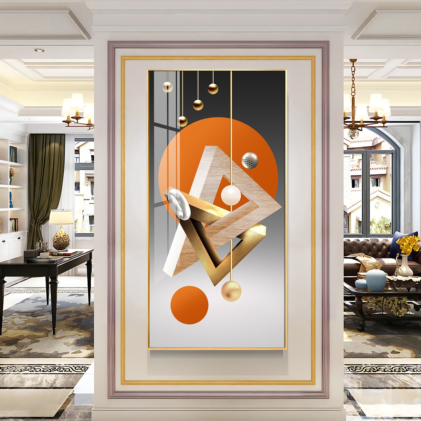 Triangular Geometry Glass Finish Vertical Wall Art