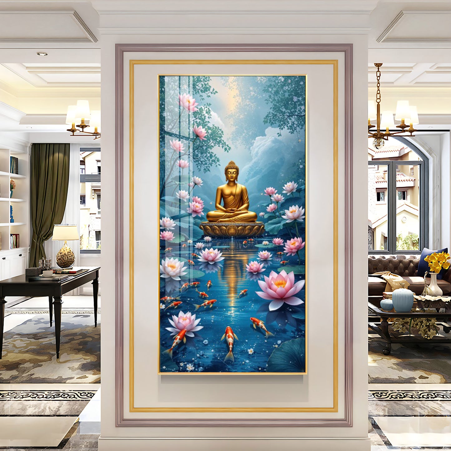 Meditating Budha With Lotus Glass Finish Vertical Wall Art