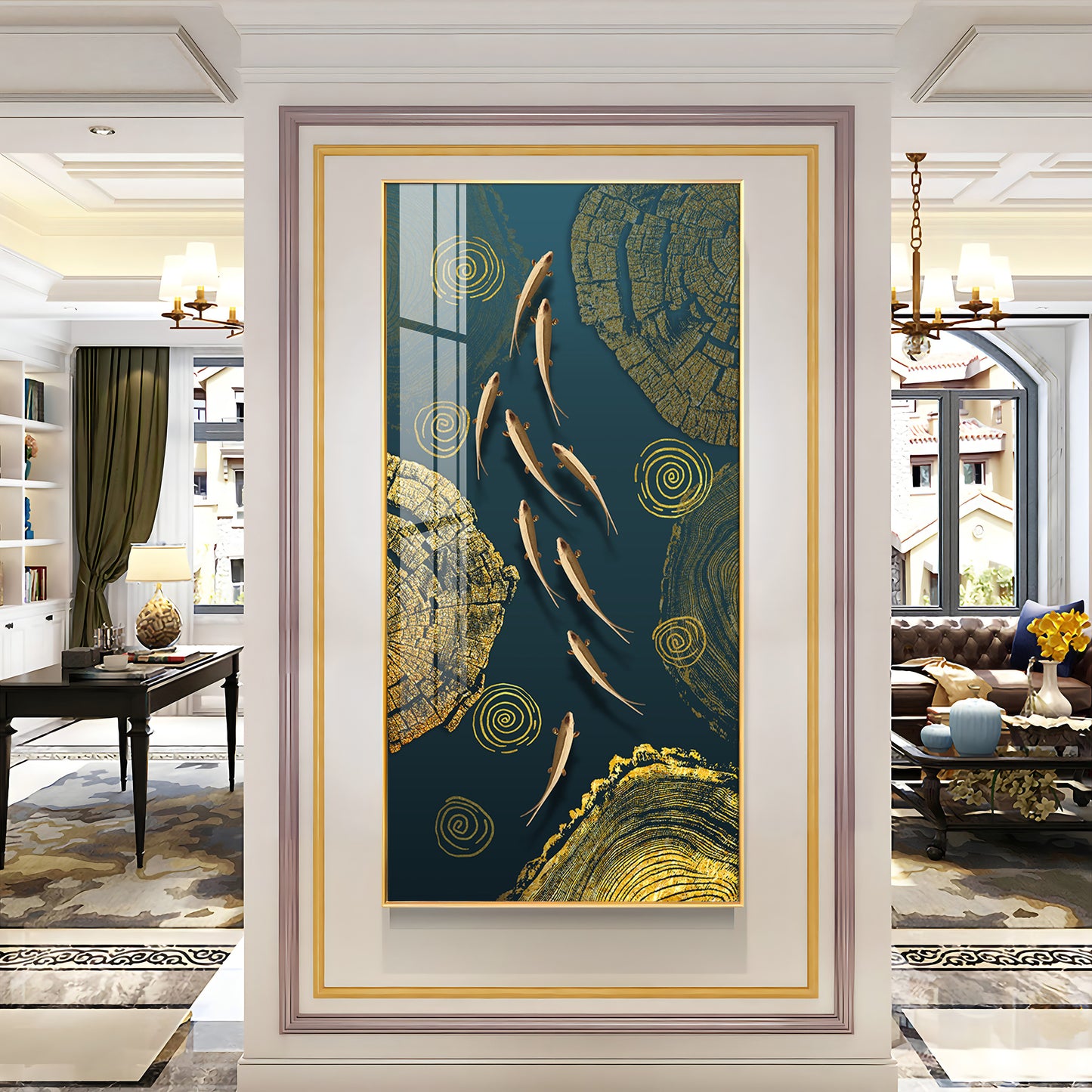 Green Koi Fishes Glass Finish Vertical Wall Art