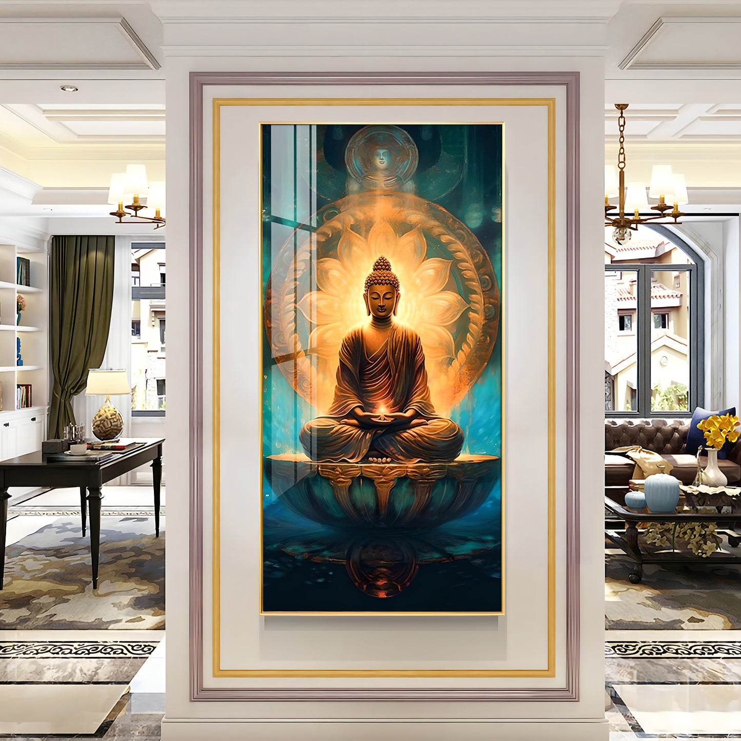 Buddha's Peaceful Retreat Glass Finish Vertical Wall Art