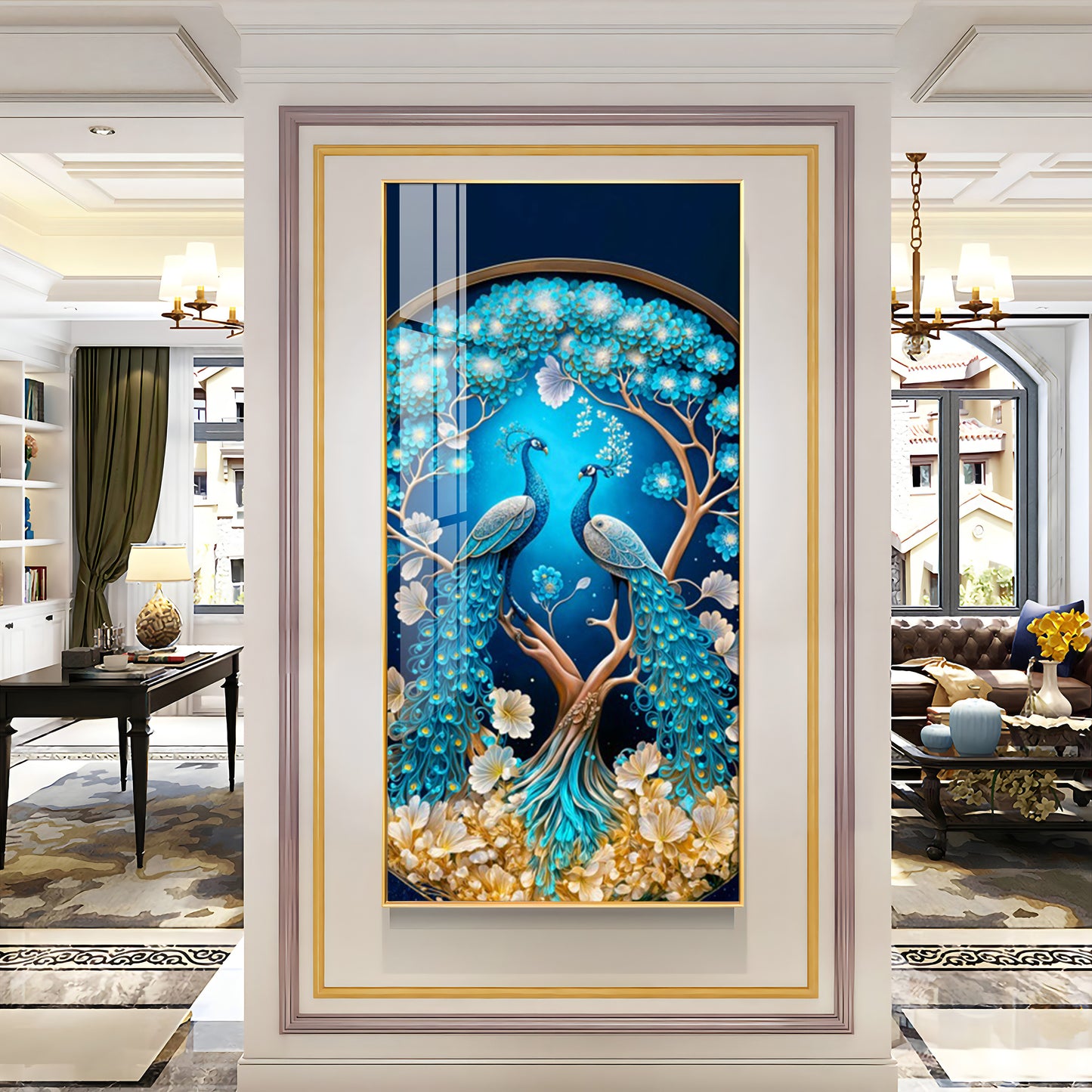 Peacock On Tree Branch Glass Finish Vertical Wall Art