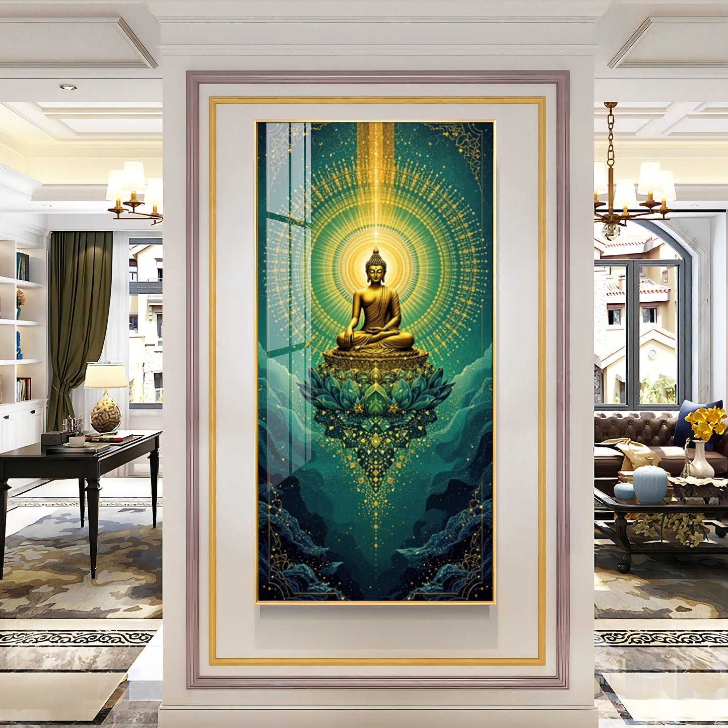 Surreal Energy Of Budha Glass Finish Vertical Wall Art