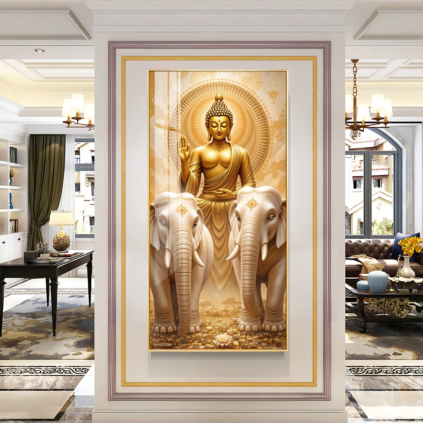 Meditating Budha With Alpha Elephant Glass Finish Vertical Wall Art