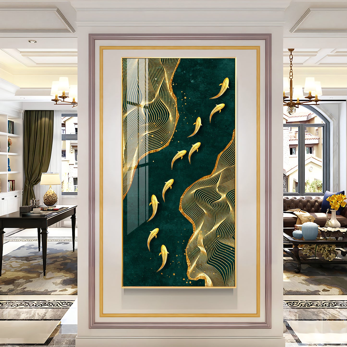 Oceanic Gold Fish Glass Finish Vertical Wall Art