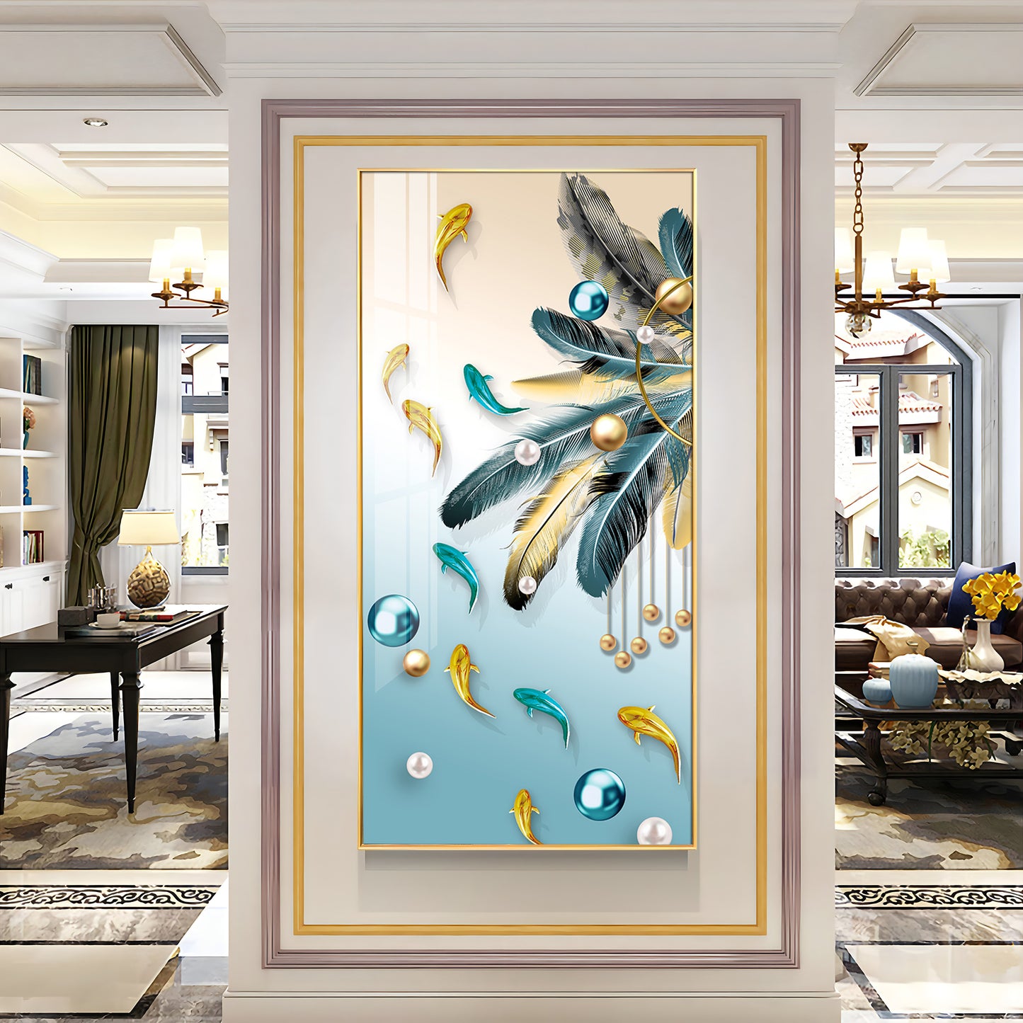 Majestic Blue-Gold Bird Glass Finish Vertical Wall Art