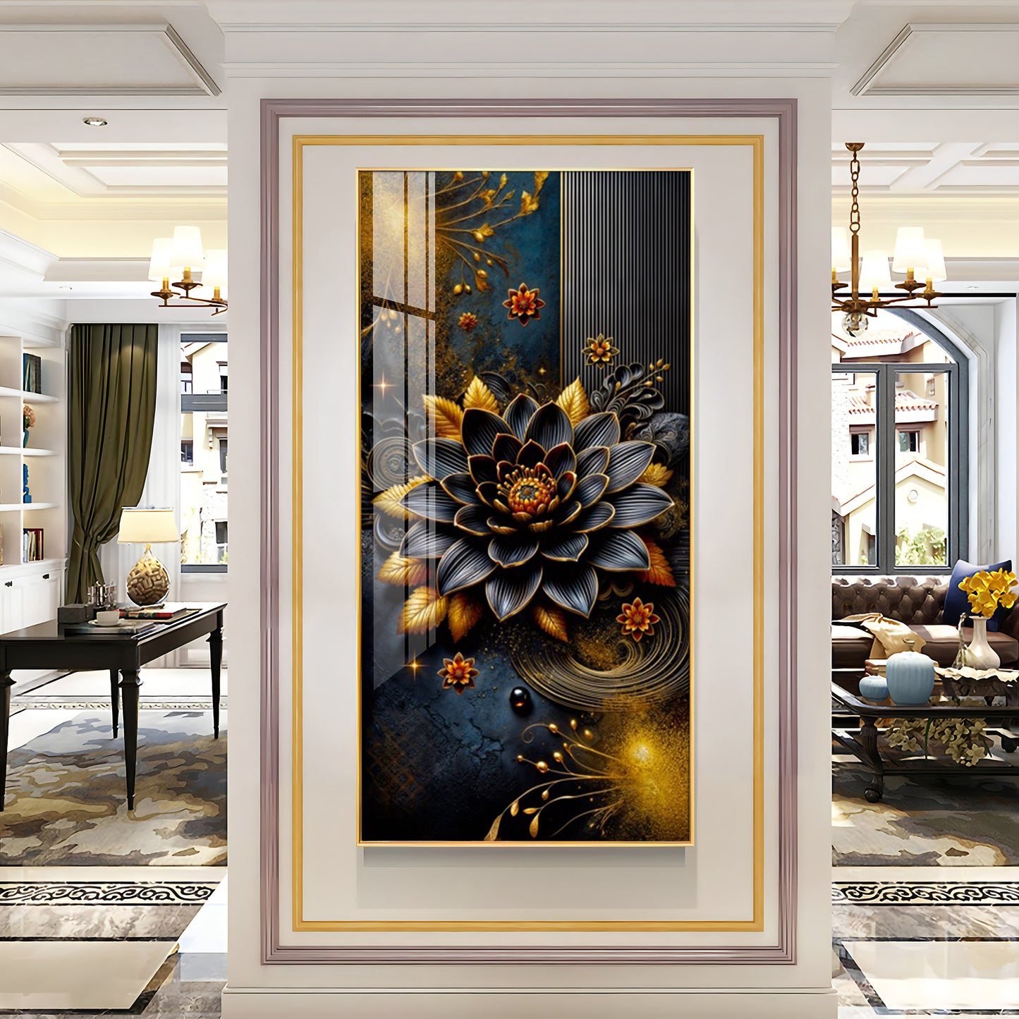 Surreal Black Flower Glass Finish Vertical Wall Art
