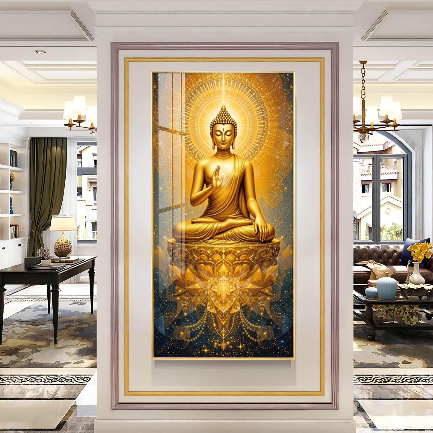 Golden Budha's Aura Glass Finish Vertical Wall Art