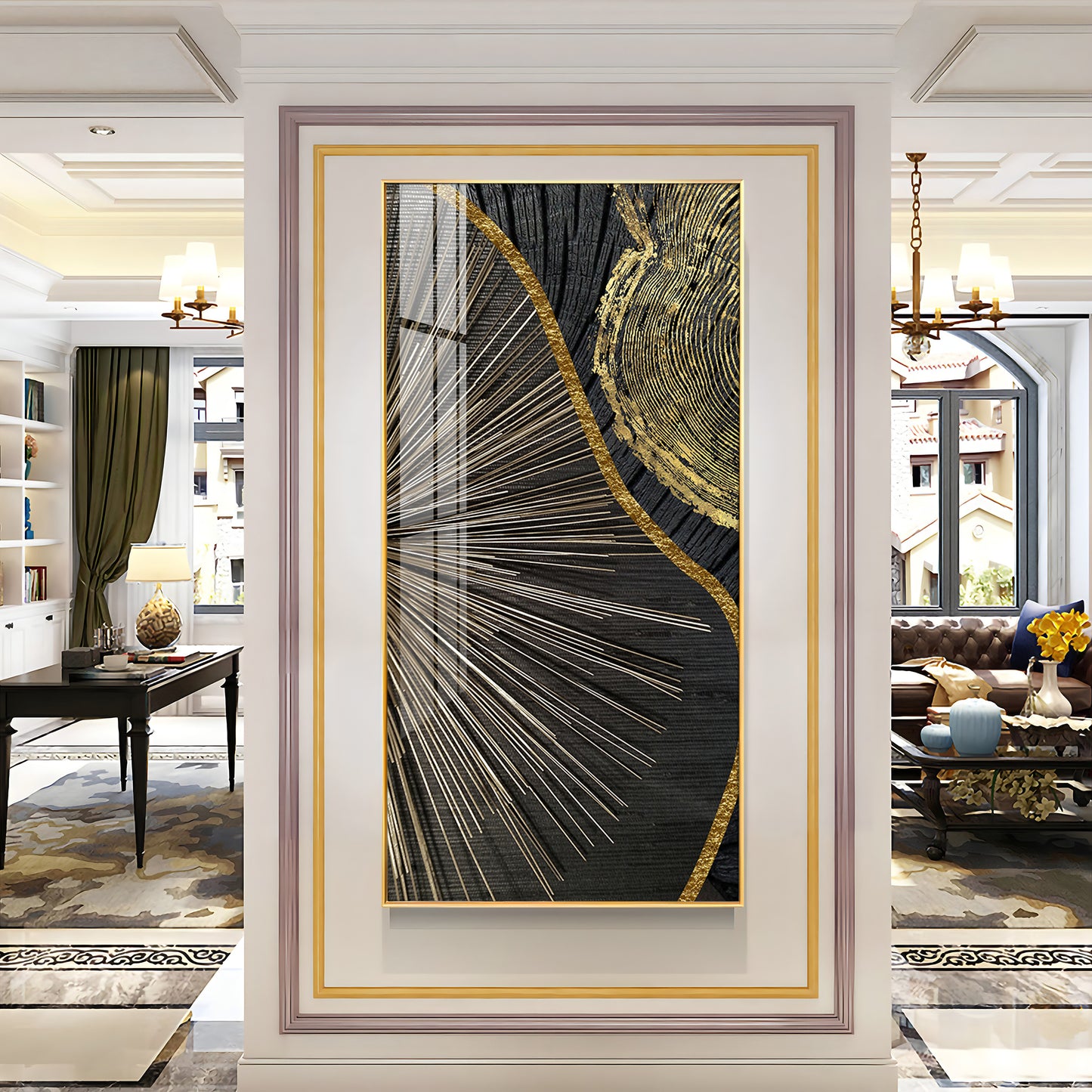 Golden Abyss Glass Finish Vertical Wall Art