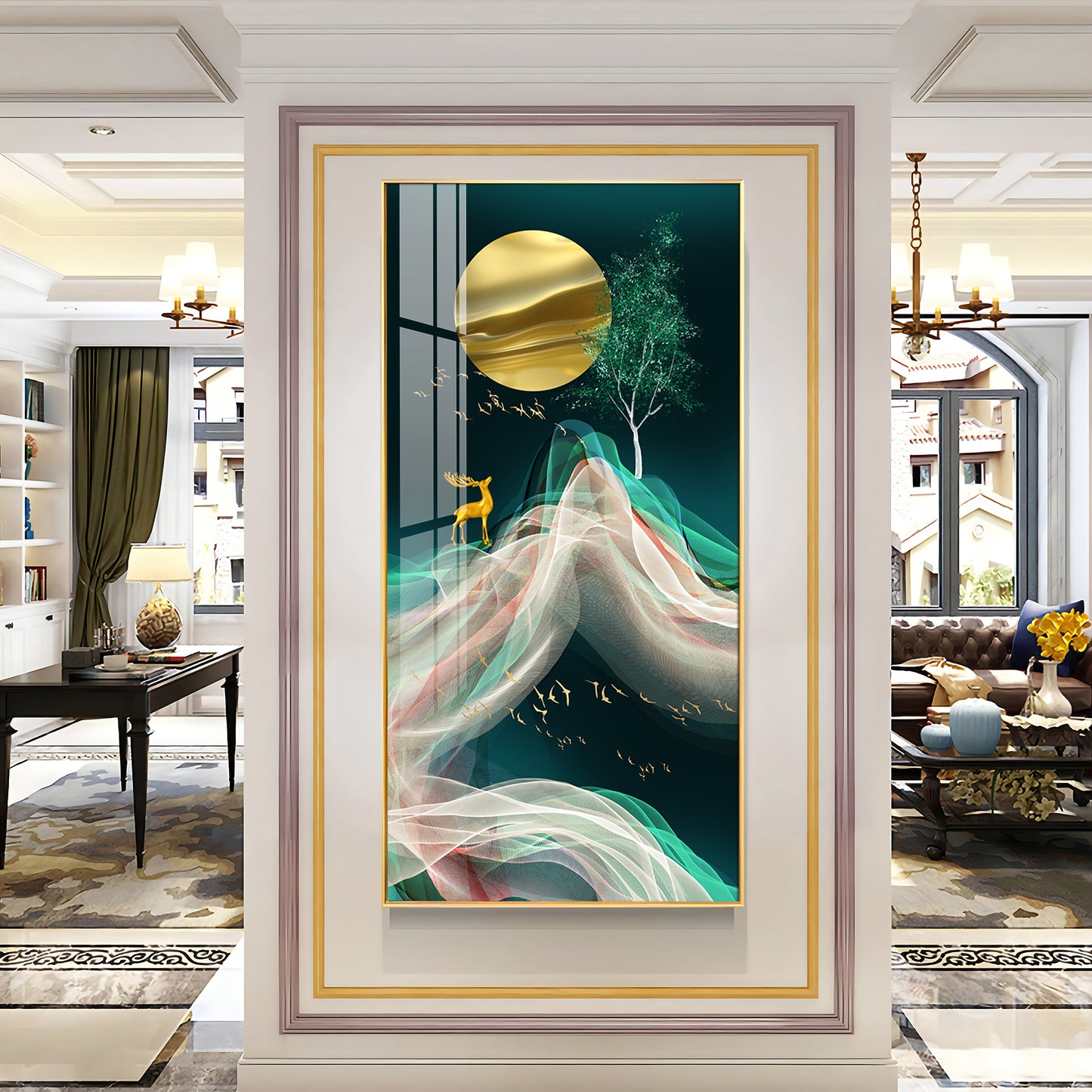 Deer with Golden Moon Glass Finish Vertical Wall Art