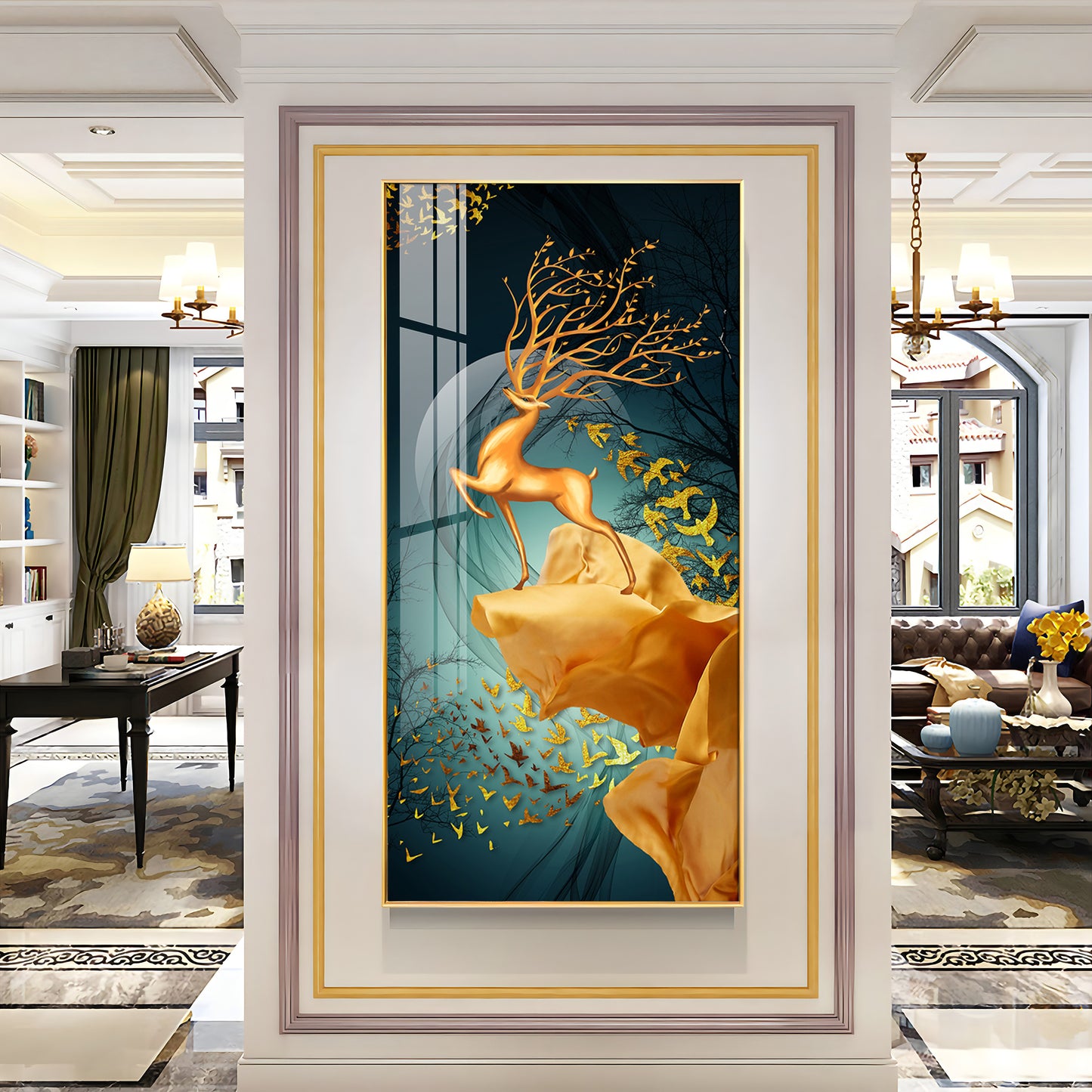Golden Deer Jumping Glass Finish Vertical Wall Art