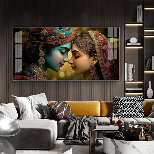 Beauty Couple Radha Krishna Glass Finish Horizontal Wall Art