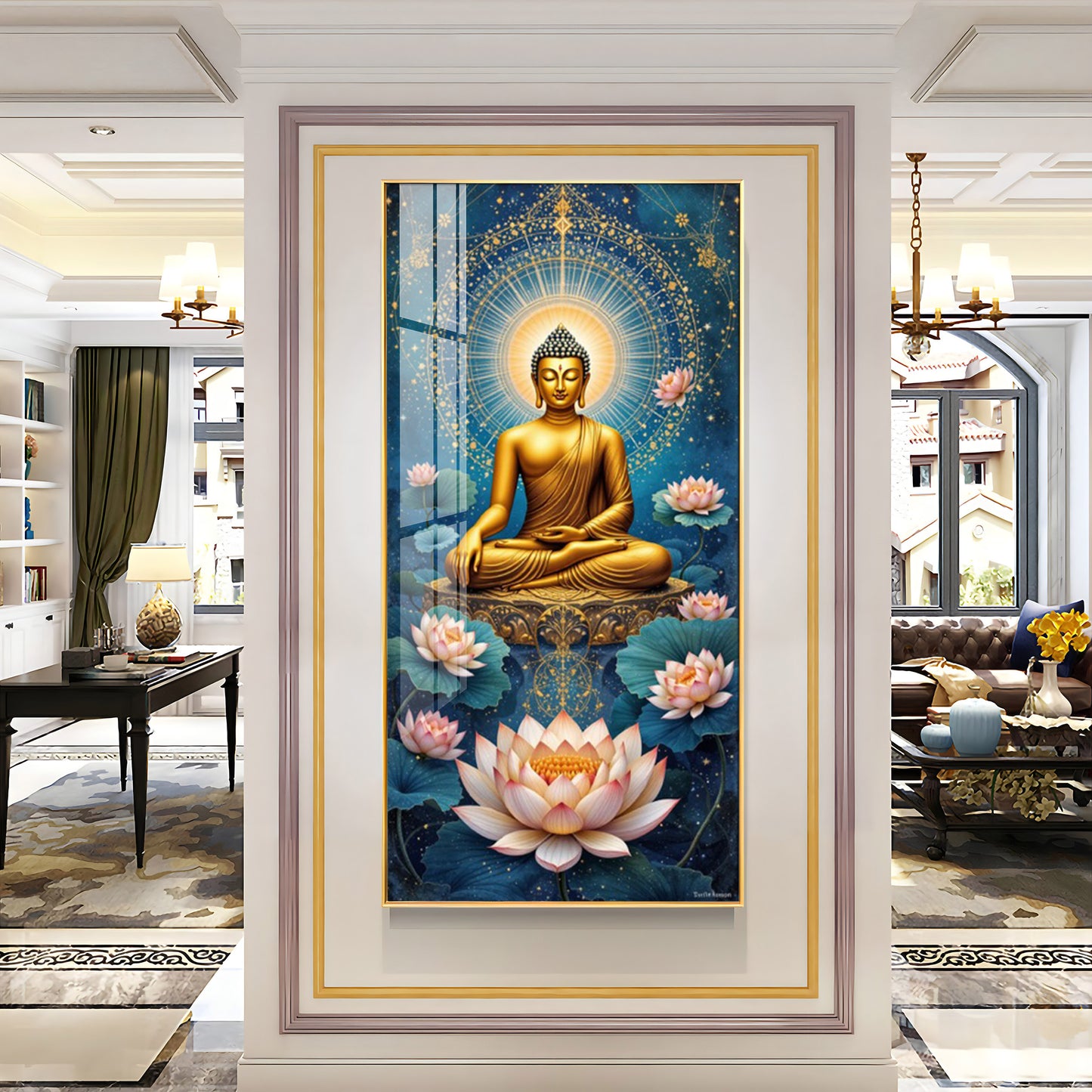 Meditating Buddha With White Lotus Glass Finish Vertical Wall Art