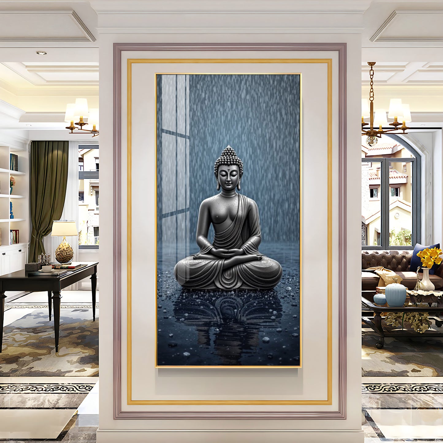 Sacred Budha Meditation Glass Finish Vertical Wall Art