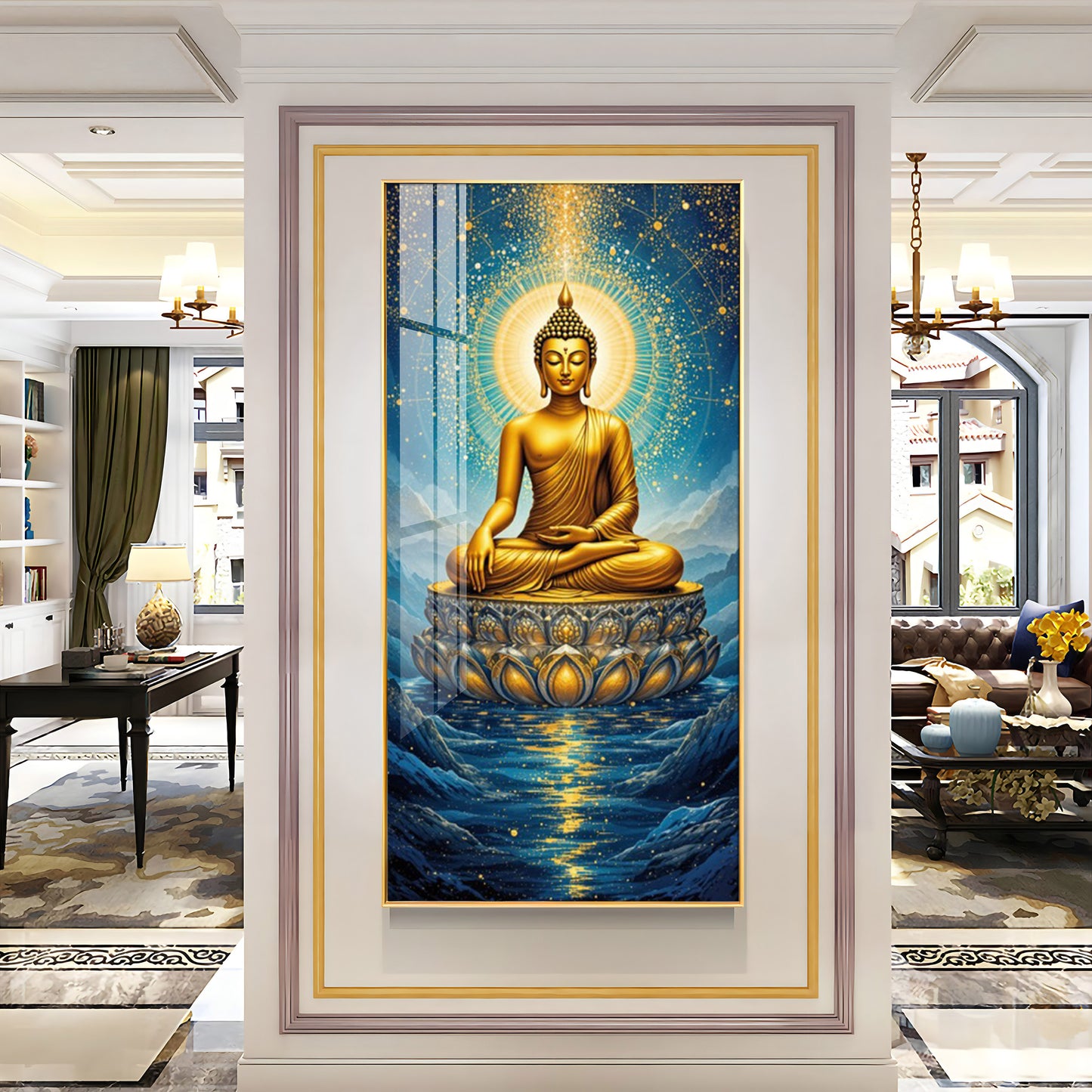 Calm Buddha In River Glass Finish Vertical Wall Art