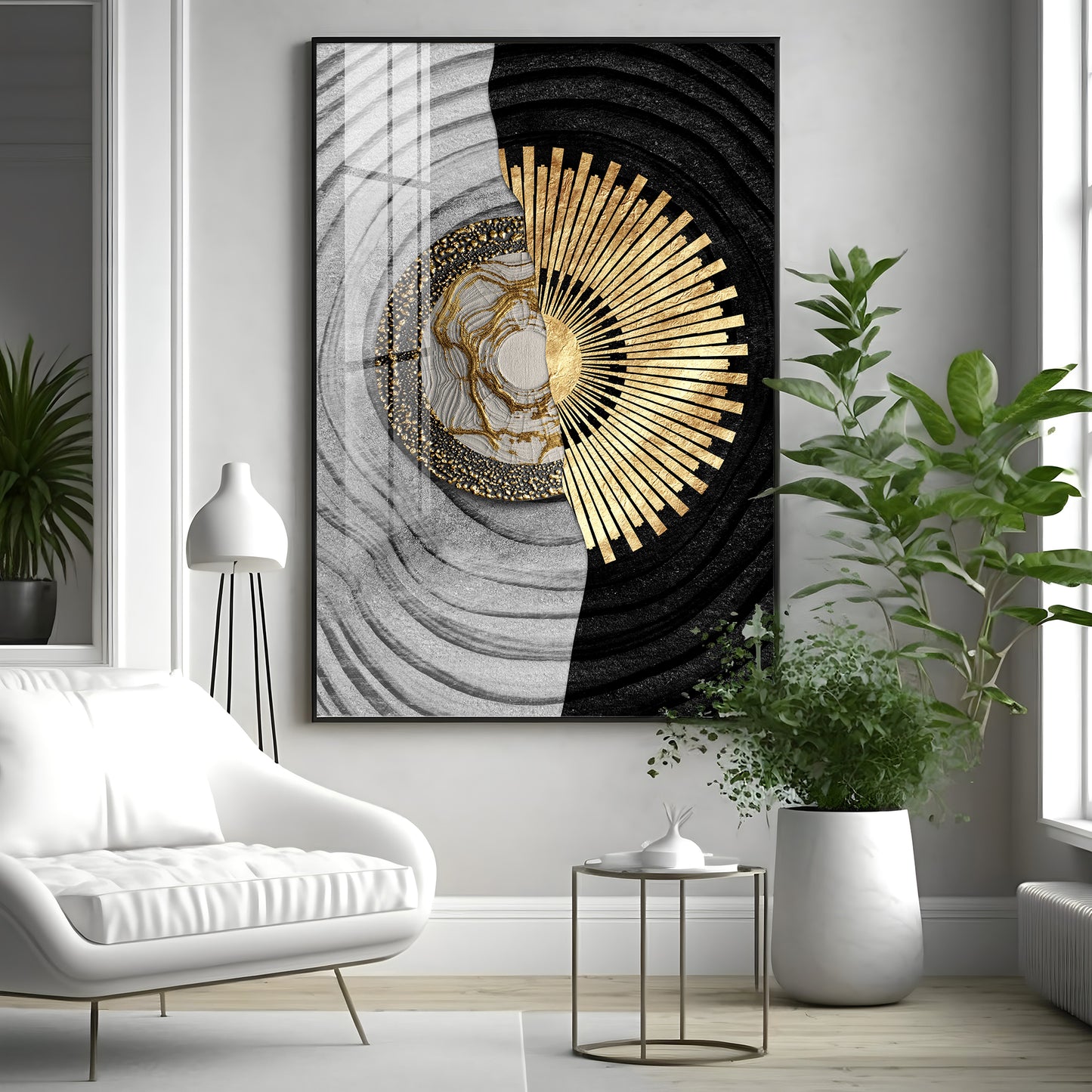 Golden Elegance Glass Finish Vertical Wall Art