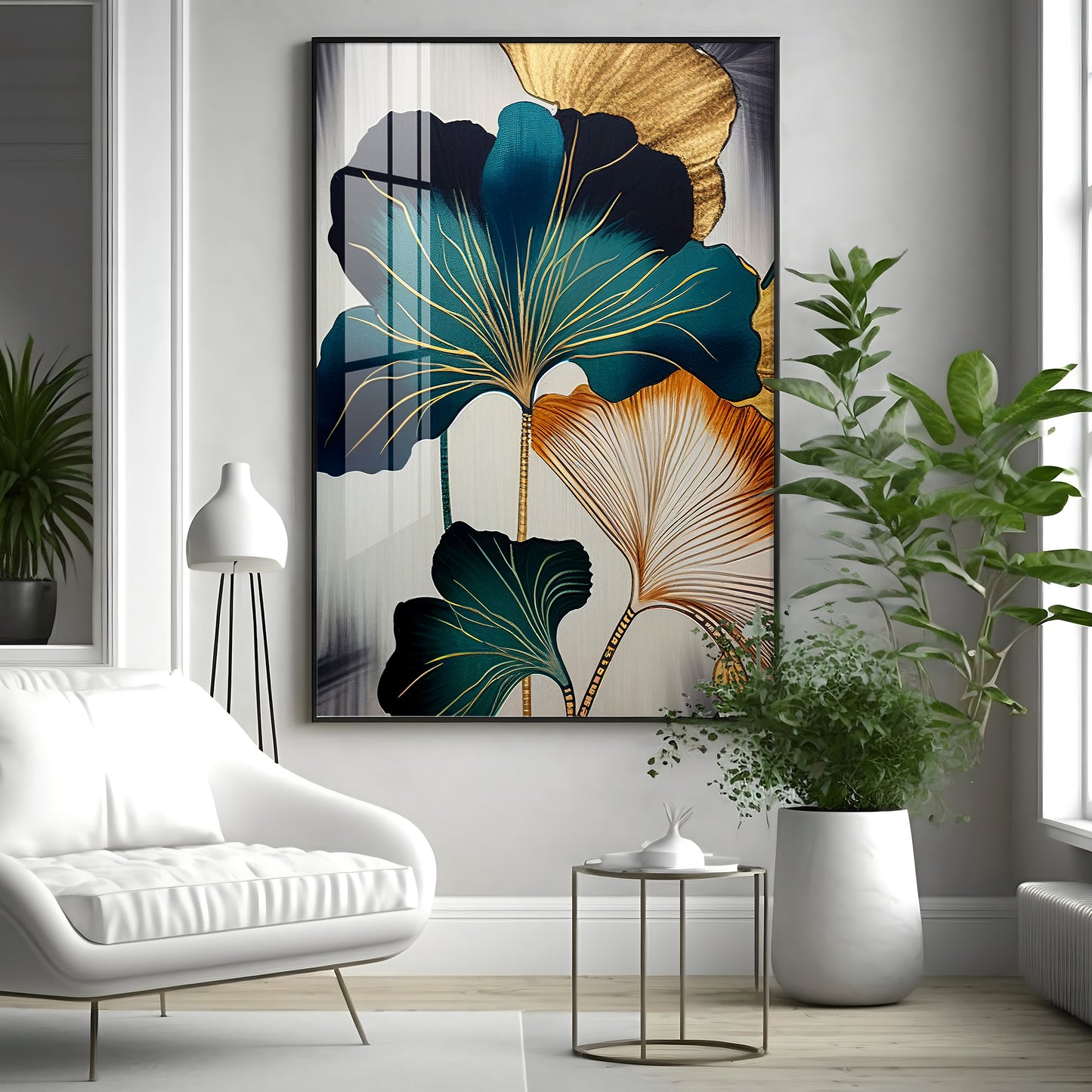 Green And White Petals Glass Finishh Vertical Wall Art