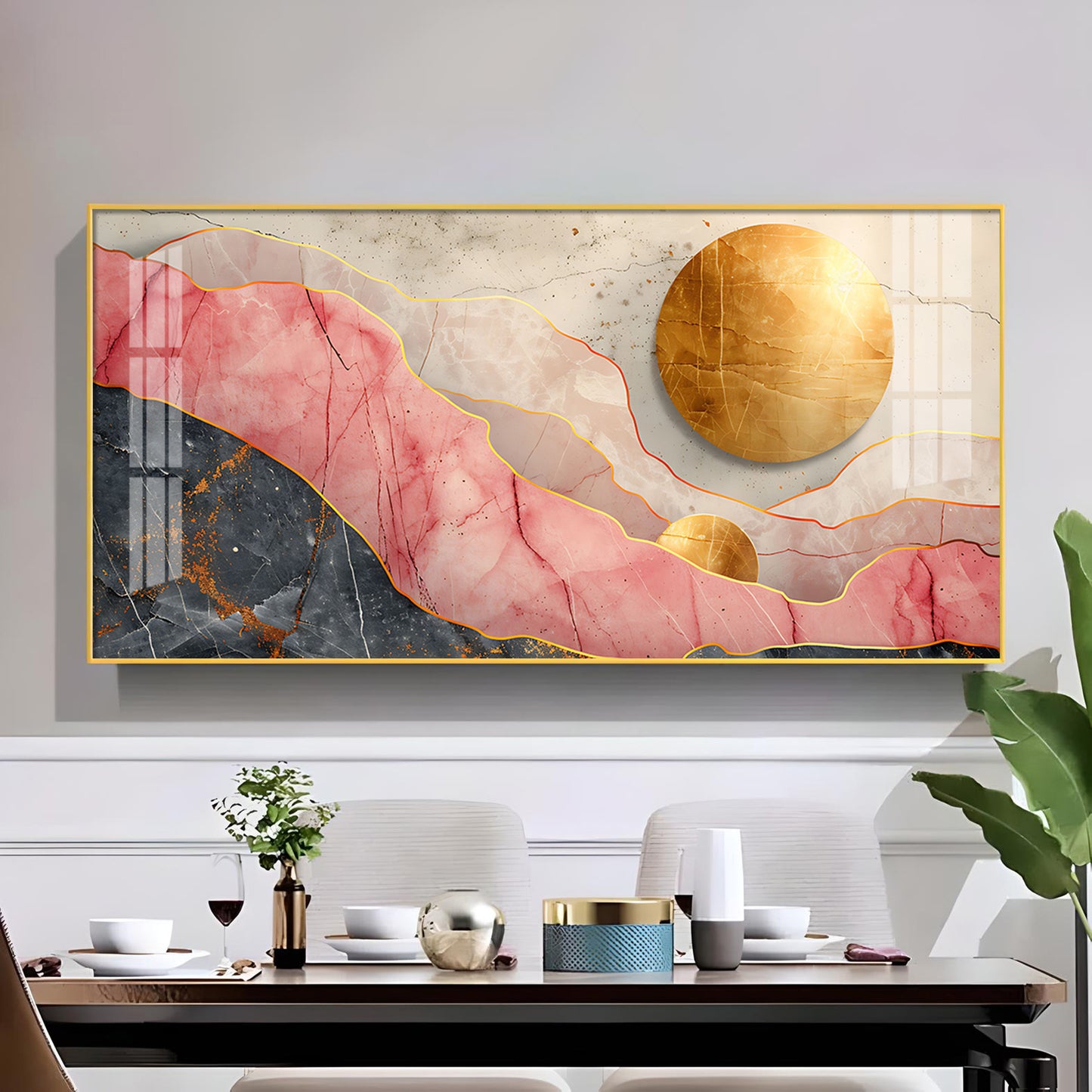 Pink and Gold Marble Stone Texture Glass Finish Horizontal Wall Art