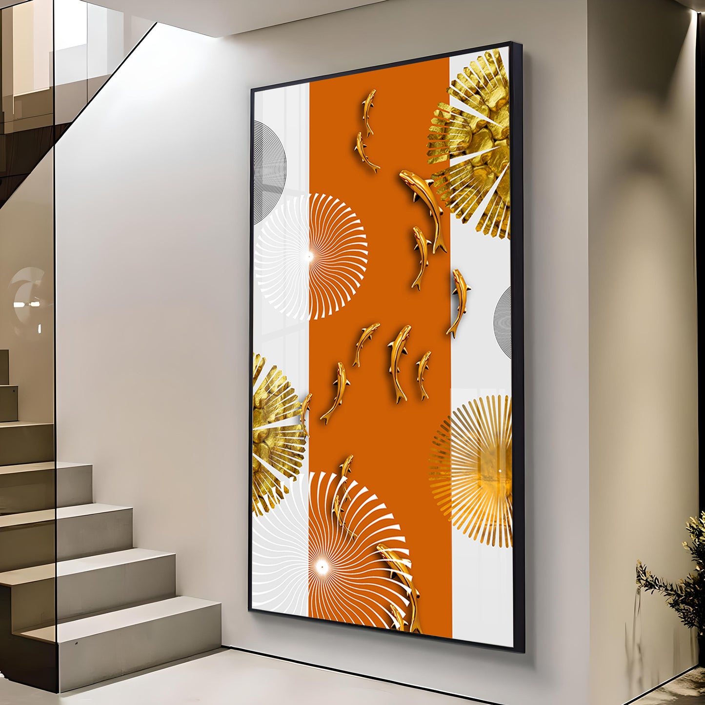Orange And White Elegance Glass Finish Vertical Wall Art