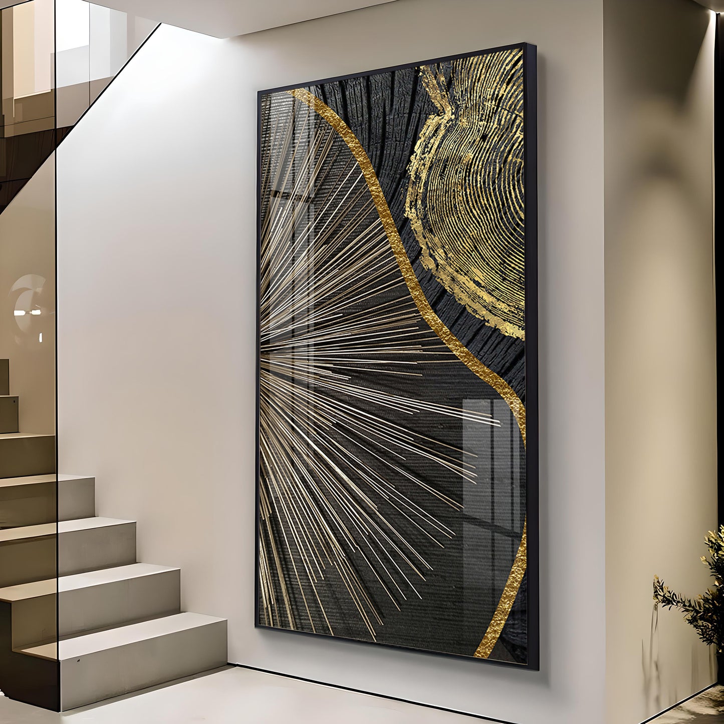 Golden Abyss Glass Finish Vertical Wall Art