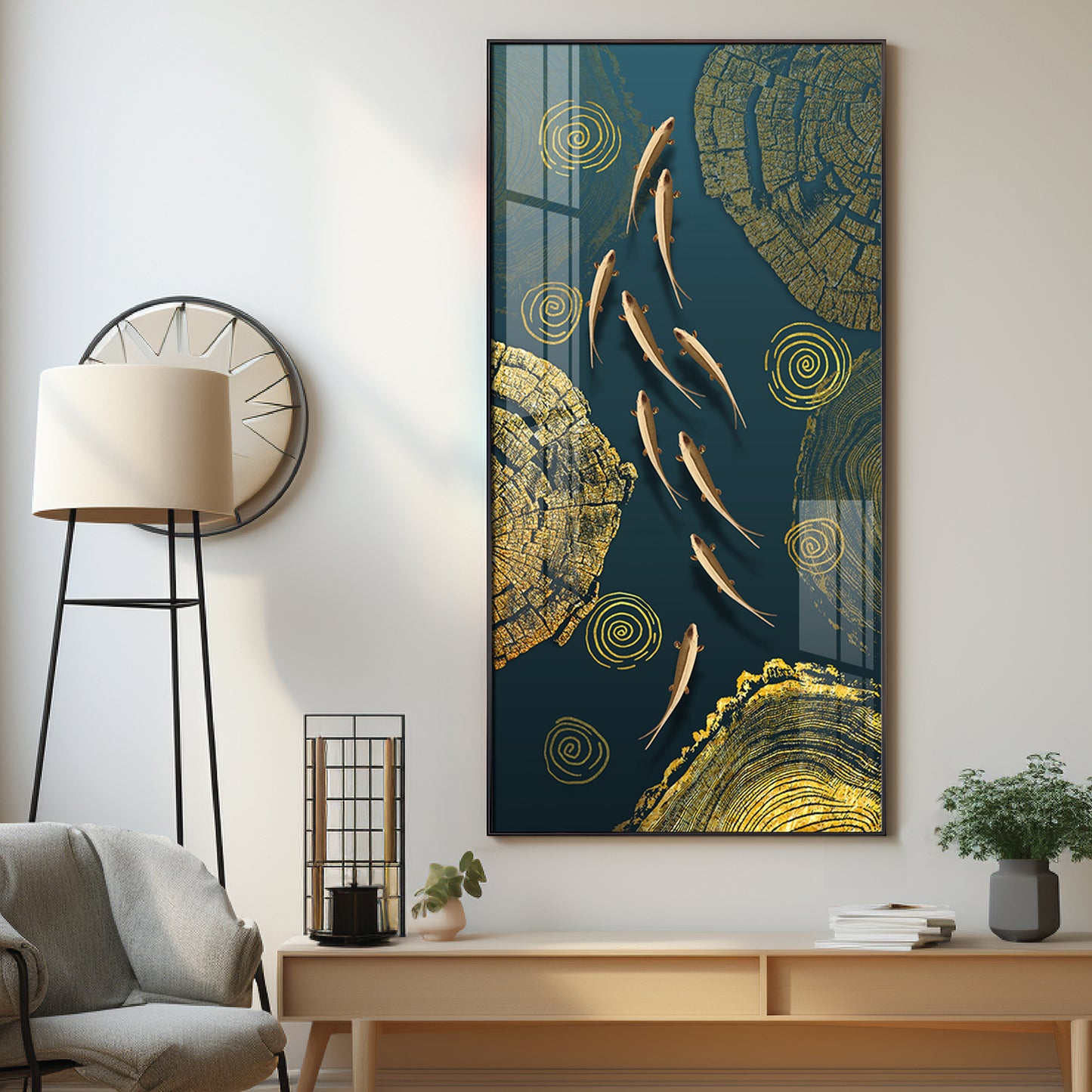 Green Koi Fishes Glass Finish Vertical Wall Art