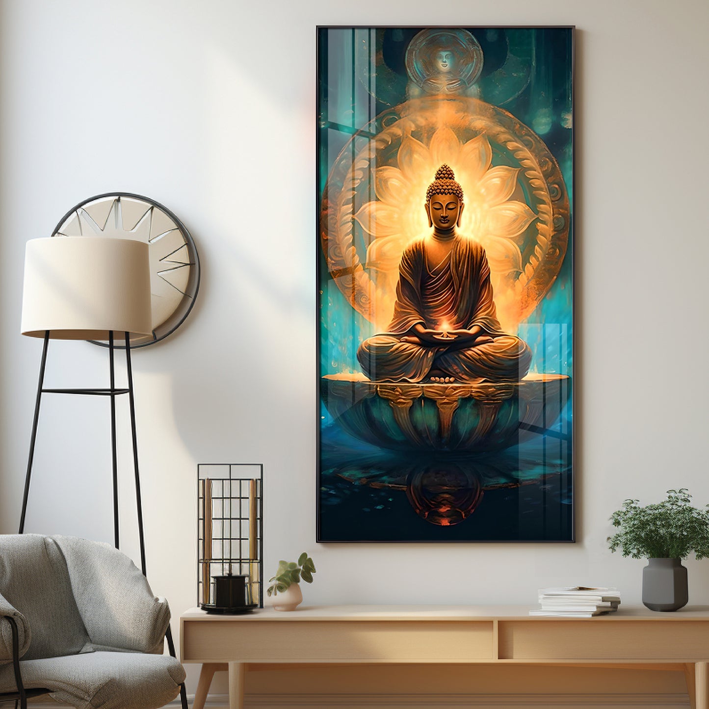 Buddha's Peaceful Retreat Glass Finish Vertical Wall Art