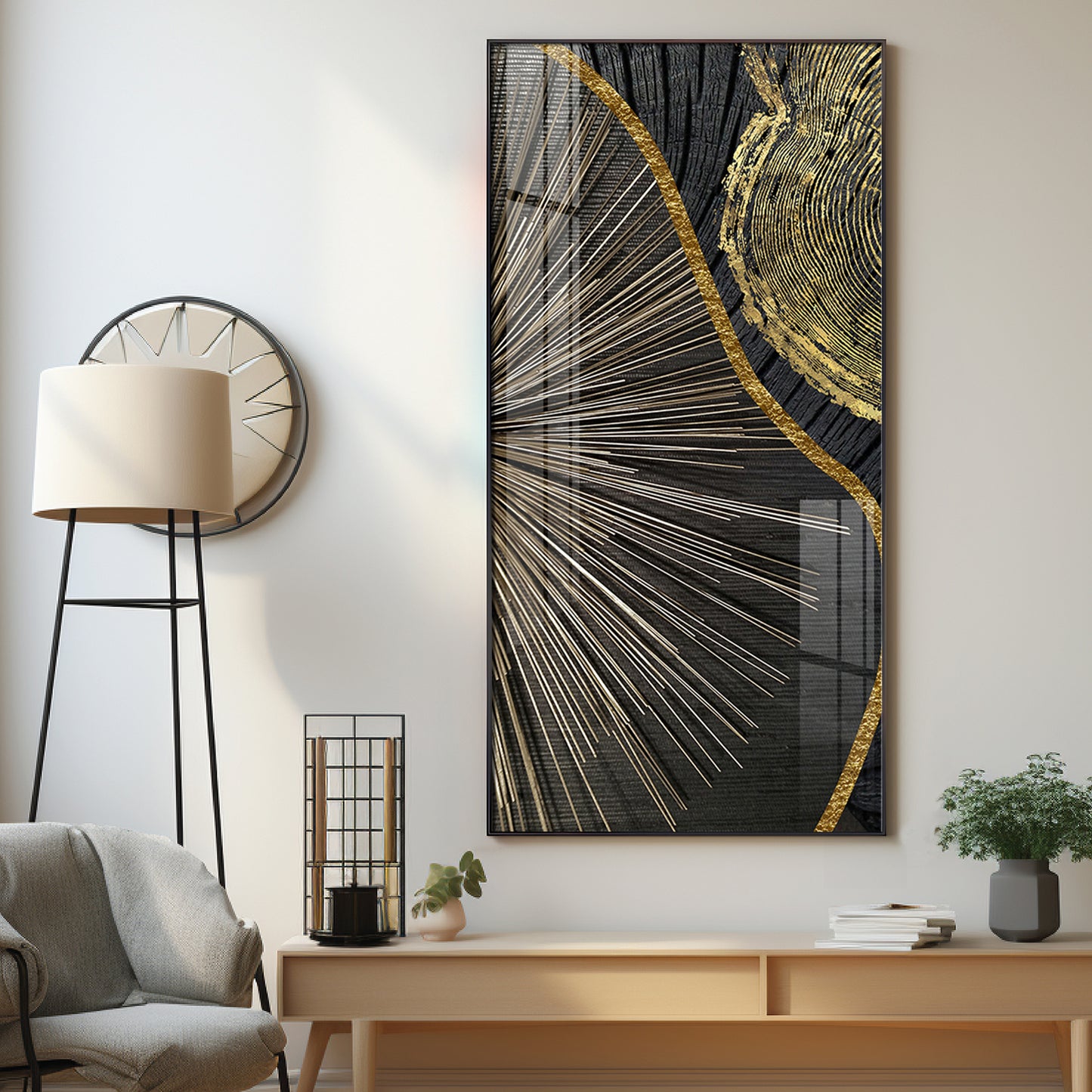 Golden Abyss Glass Finish Vertical Wall Art