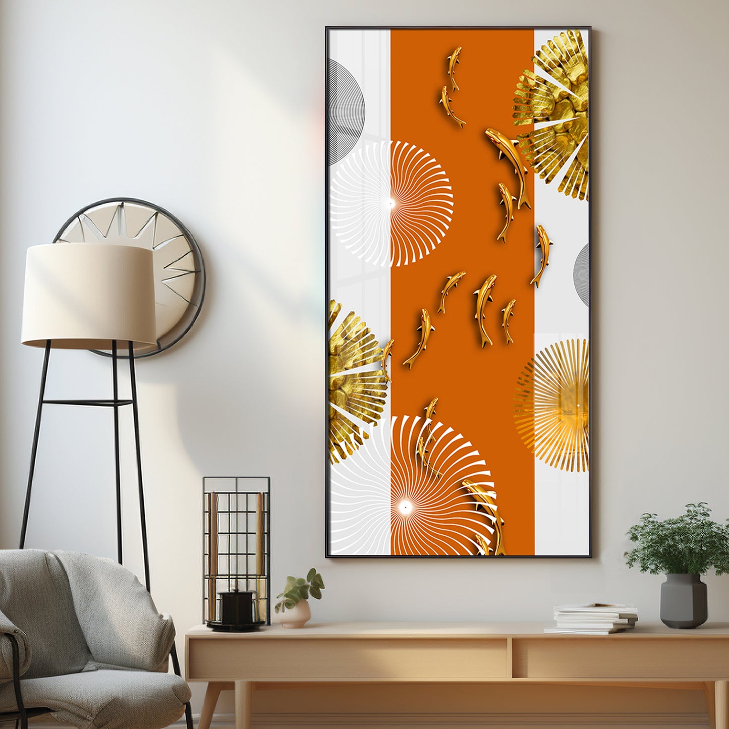 Orange And White Elegance Glass Finish Vertical Wall Art