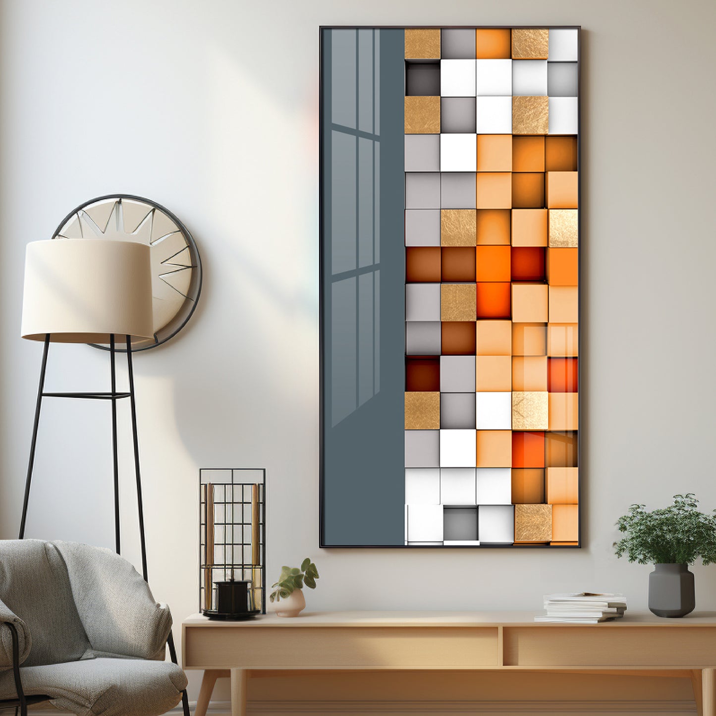 Multiple Abstract Blocks Glass Finish Vertical Wall Art